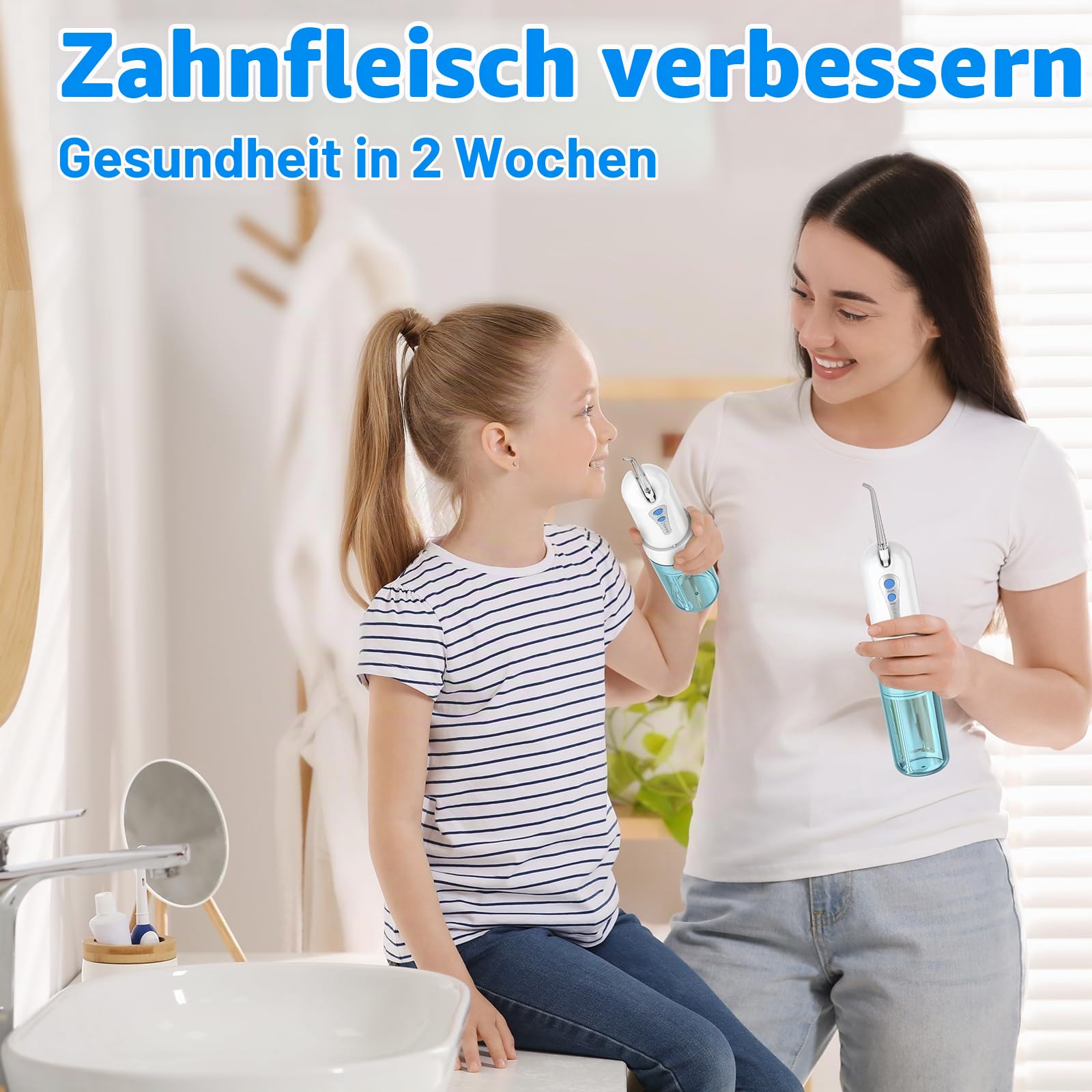 Munddusche Kabellos, Tragbarer Mini-Wasserzahnreinige mit Etui, 4 Modi und 5 um Ersatzdüsen, Elektrische Zahnreinigung, IPX7 Wasserdicht für Zuhause und Reise (Blau/Weiß)