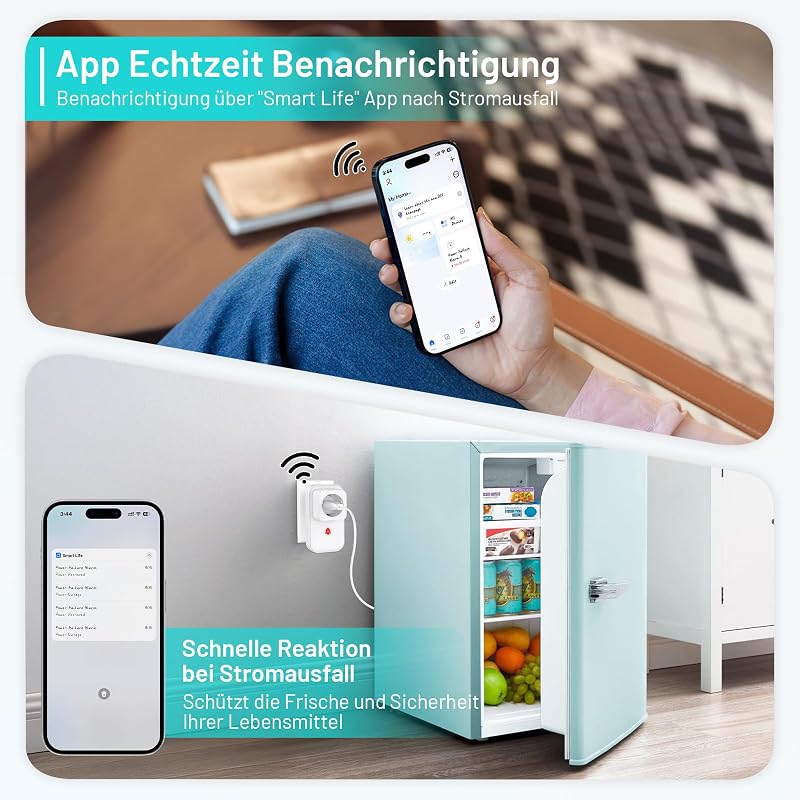 COTINSE 2 buc. alarmă WiFi pentru întreruperea alimentării cu energie, WLAN, cu aplicația Tuya Smart Life, 3 niveluri de volum până la 110 dB, pentru priză, acvariu, congelator