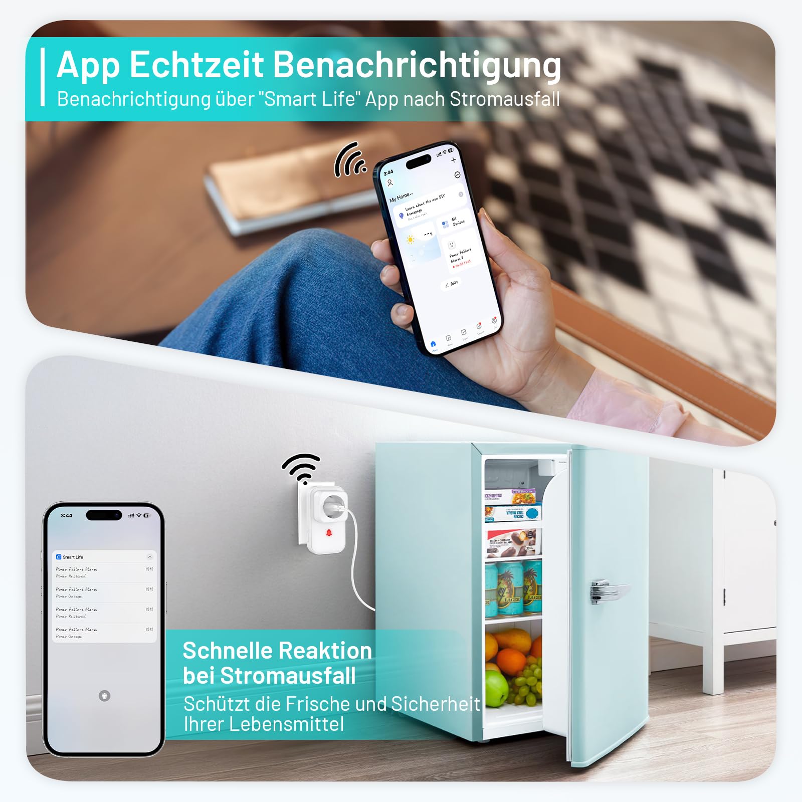 2 Pack Detector de Corte de Corriente WiFi, Enchufe de Alarma por Apagón Tuya WiFi con App Smart Life, 3 Niveles de Volumen hasta 110 dB para Acuario/Refrigerador