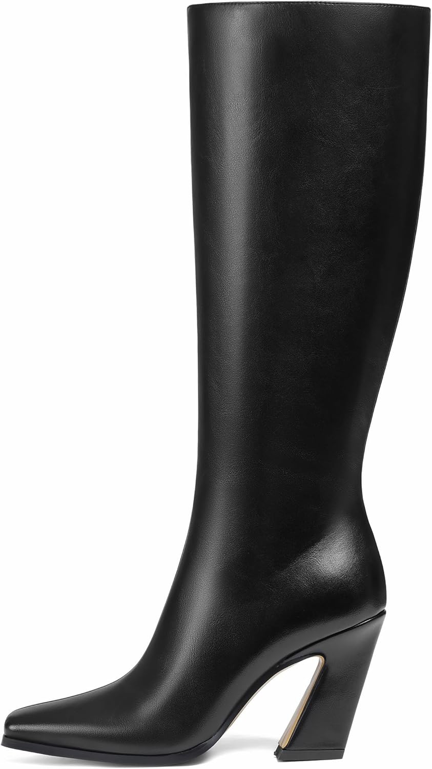 Celbreez Knee High Boots Fall Tall Boots for Women Wide Calf Side Zip Long Black Leather Boots Square Toe Chunky Heel Long Boots 2025 Party Dating Casual Outfits Dress Shoes