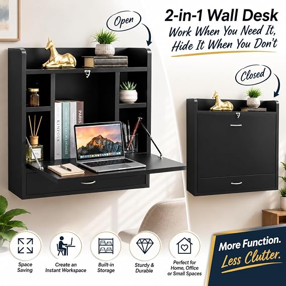 Basicwise Wall Mounted Folding Desk - Space Saving Fold Down Desk with Storage Shelves and Drawer, Convertible Floating Laptop Table for Small Spaces, Home Office, 23.75 x 6.75 x 23 in, Black