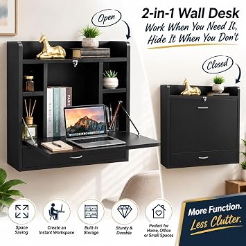 Basicwise Wall Mounted Folding Desk - Space Saving Fold Down Desk with Storage Shelves and Drawer, Convertible Floating Laptop Table for Small Spaces, Home Office, 23.75 x 6.75 x 23 in, Black