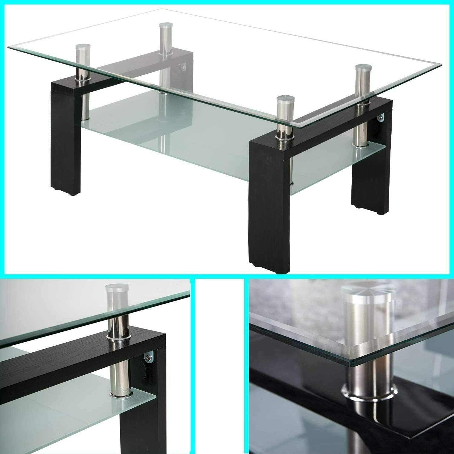 Rectangle Glass Top Coffee Table, Contemporary Style Side Center Tables with Lower Shelf, Metal Legs for Living Room