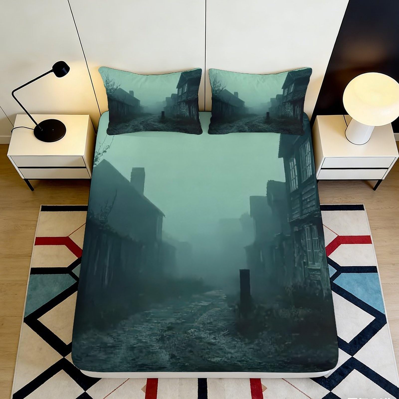 3D Printed Foggy Village Fitted Sheet Microfiber Soft Durable Misty Street Mattress Cover for Bedroom Dormitory Guest Room Protection Decoration 140x200x25cm