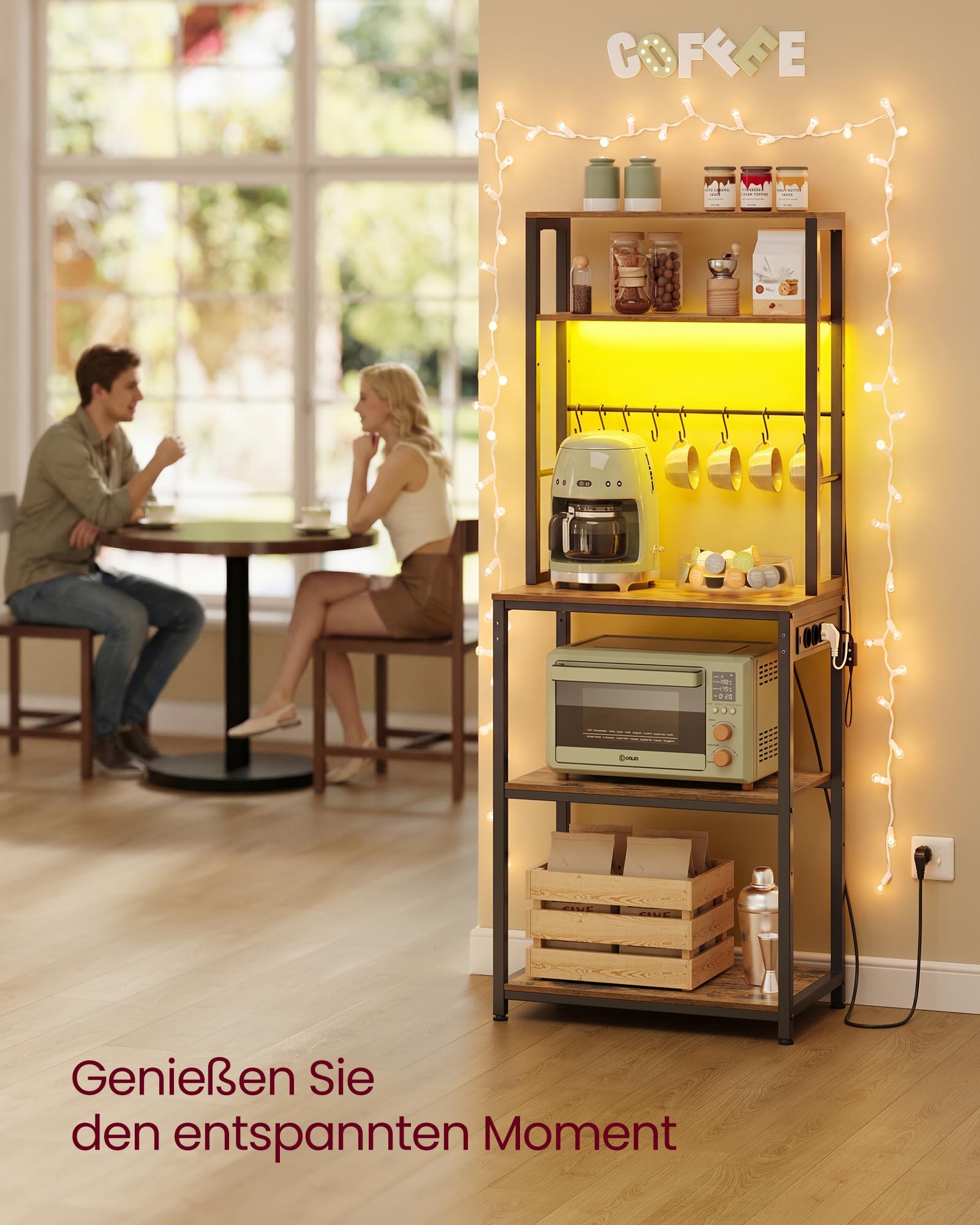 VASAGLE Küchenregal mit LED-Beleuchtung, Standregal mit Steckdosen