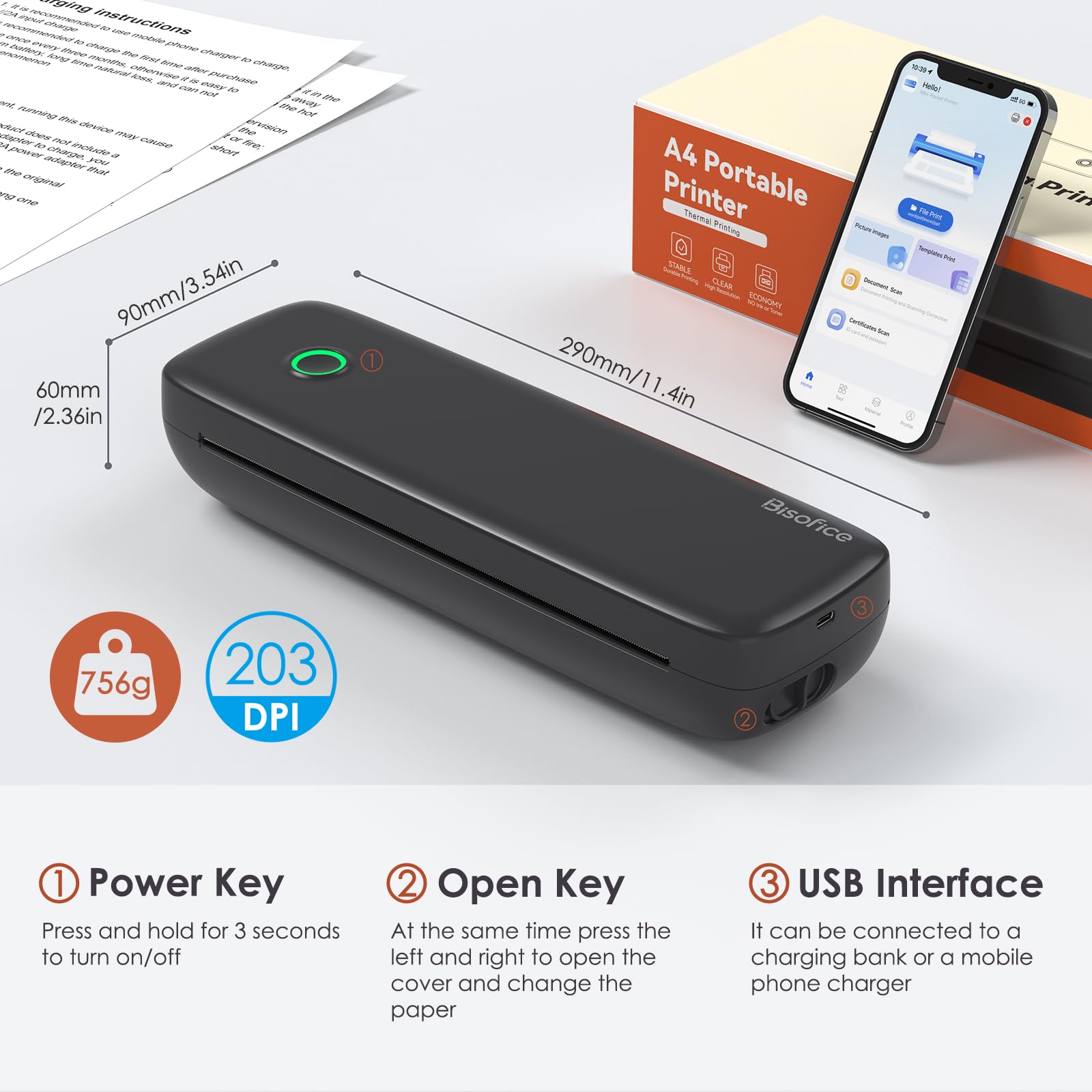 Bisofice L81 Stampante Termica Portatile A4 Bluetooth Senza Inchiostro per Cellulare e Computer, Supporta Carta Multisize, Nero