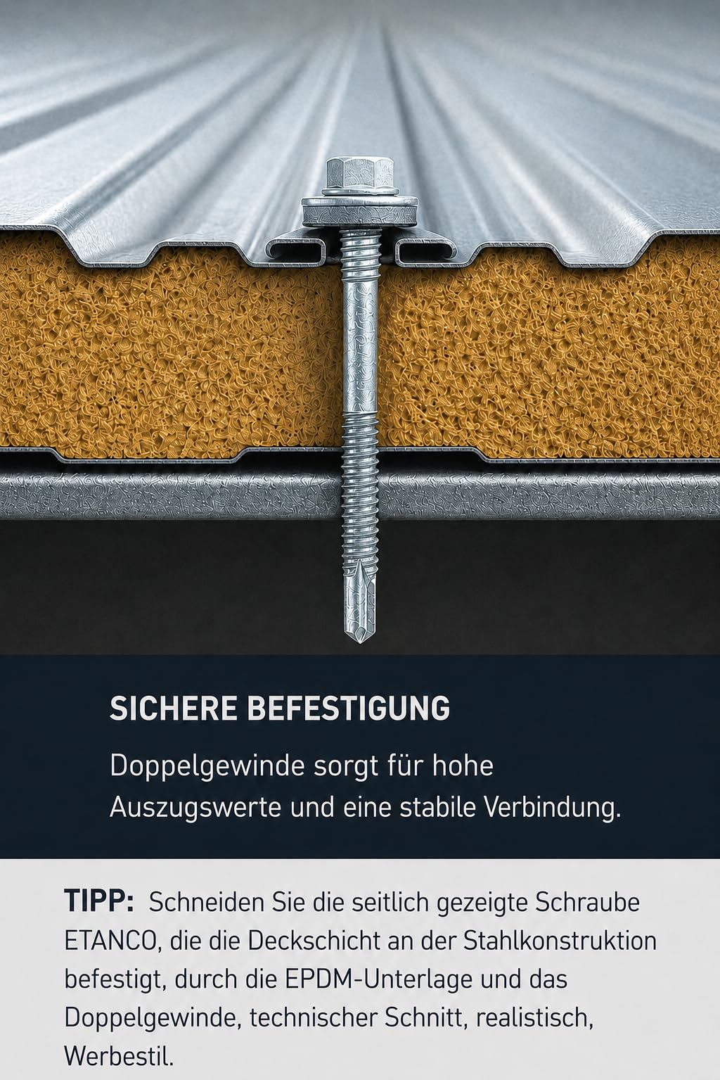 ETANCO GTR 12 SP A19 - Tornillo de doble rosca autoperforante para paneles sándwich sobre acero galvanizado EPDM Arandela ETA CE SW8 100 unidades (5,5/6,3 x 175 mm)