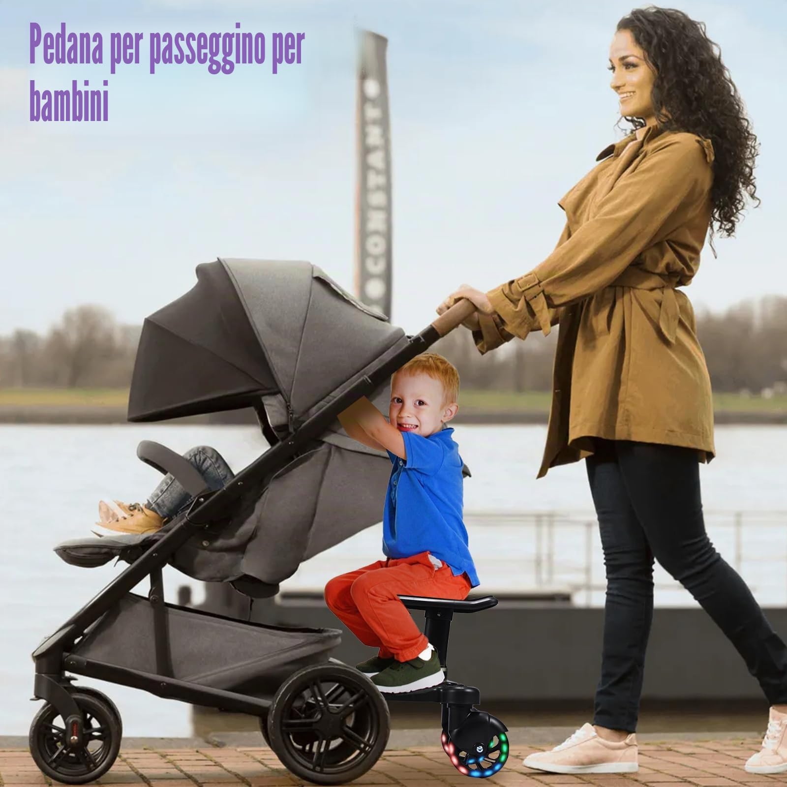 Passeggino universale a piedi con sedile, ruote per bambini con borsa passeggino, per bambini dai 2 ai 6 anni (25 kg)