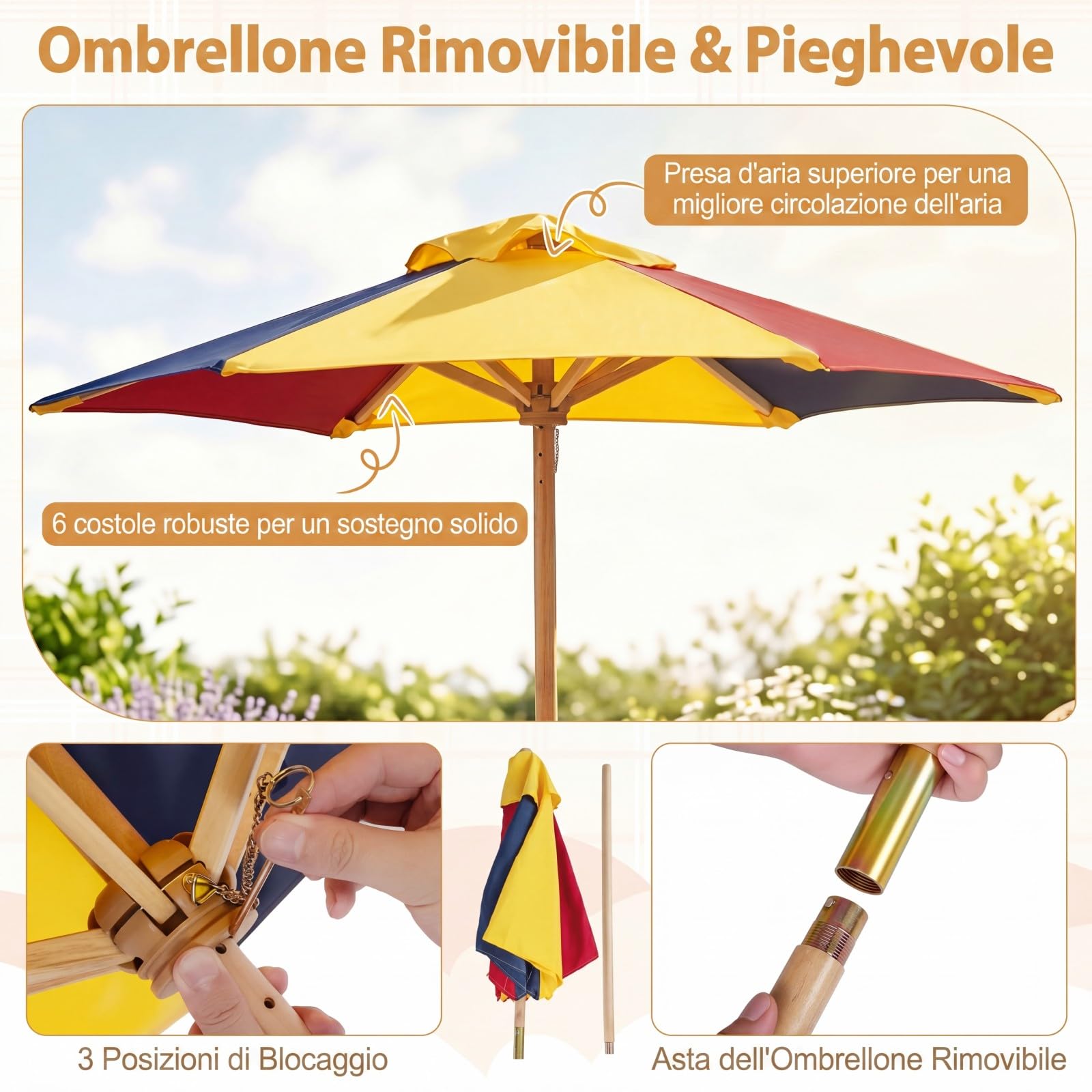 COSTWAY Tavolo da Picnic per Bambini, Set Tavolo e Panche da Giardino con Ombrellone Regolabile in Altezza e Struttura in Legno Massello per Campeggio e Picnic per Bambini 3-8 Anni