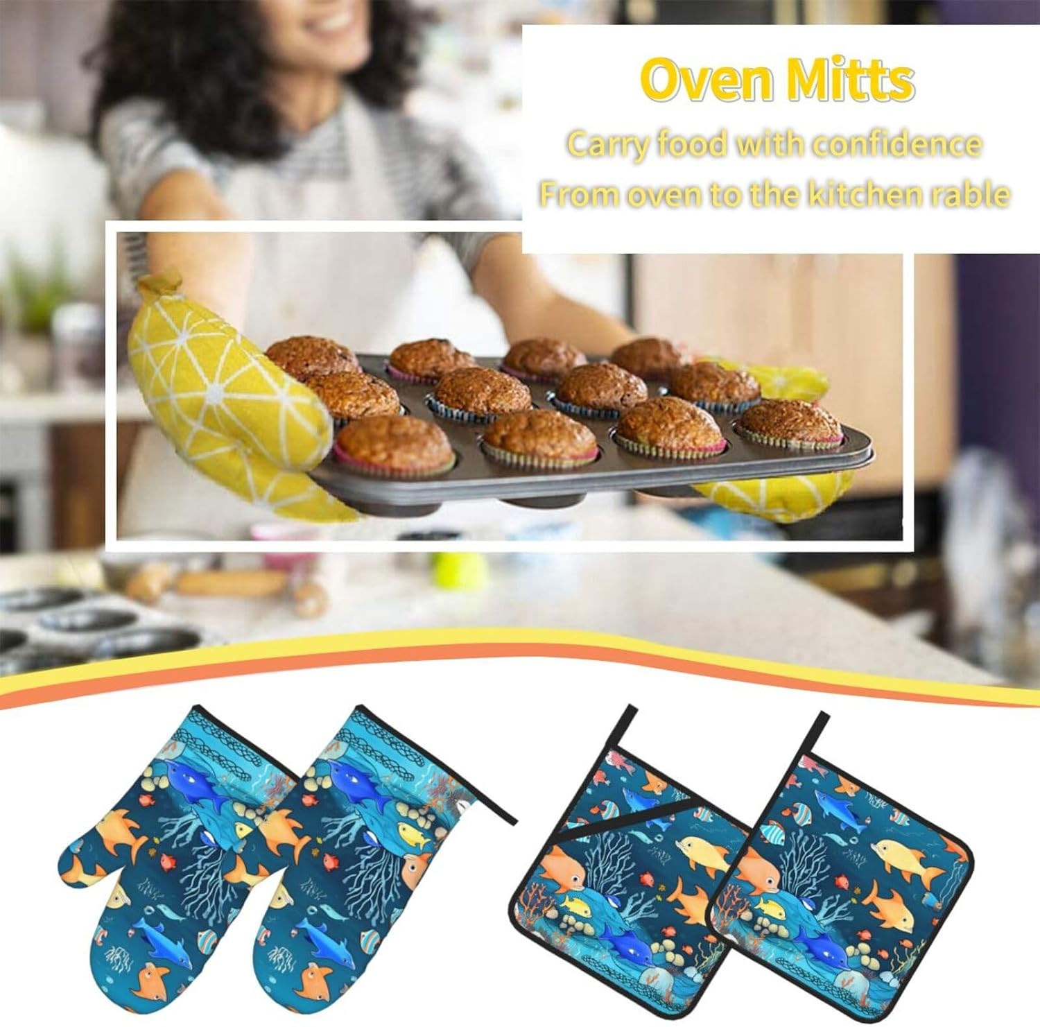 Blue Underwater World of Fish Printed Oven Mitts + Potholders 4-Piece Set - Great for BBQ Party Cooking