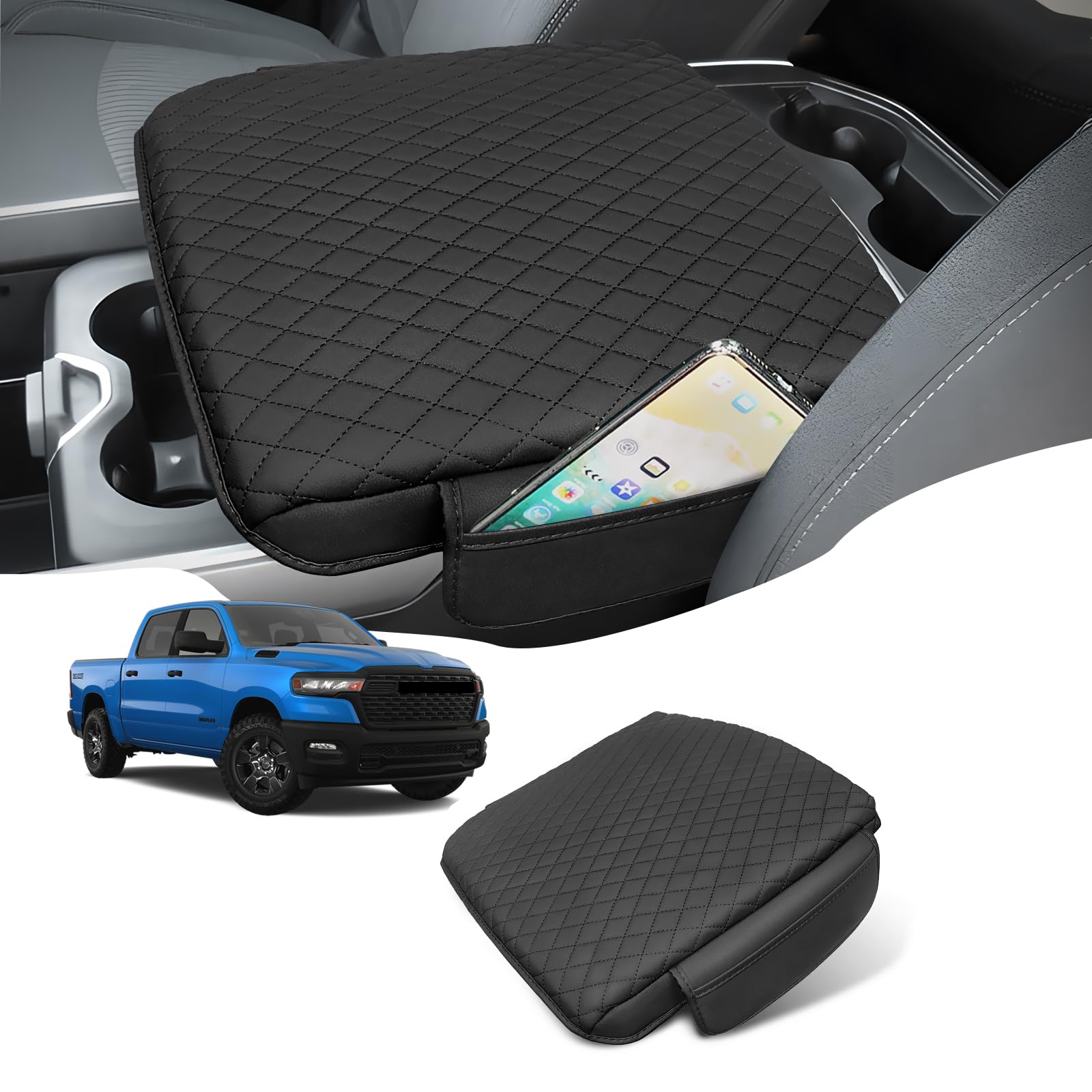 Center Console Cover for 2019-2026 Dodge Ram 1500 2500 3500 Armrest Cover Accessories PU Leather Black Middle Console Cushion Pad Protector (Bucket Seat Only)