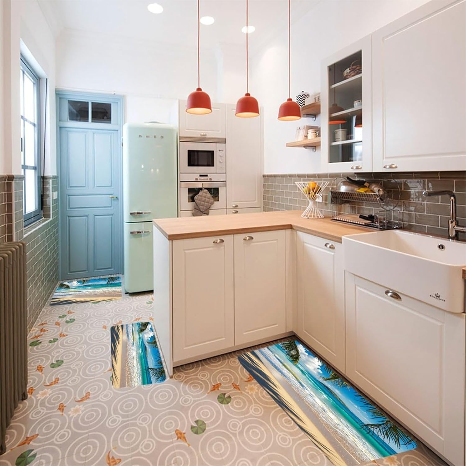 Beautiful Beach Seascape Kitchen Mats for Floor 3PCS Waterproof Low-Profile Kitchen Rugs Floor Mat Non Slip Anti Fatigue Mats Comfort Standing Mat Runner Rug Area Rug 6"x24"+20"x31"+17"x47"