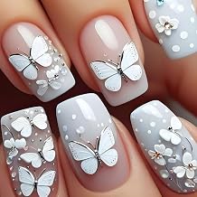 Butterfly Press on Nails Short Square Fake Nails with 3D Flower Charm Designs Ombre Pink White Stick on Nails Spring False Nail Glossy Reusable Summer Glue on Nail for Women Girls Manicure 24Pcs