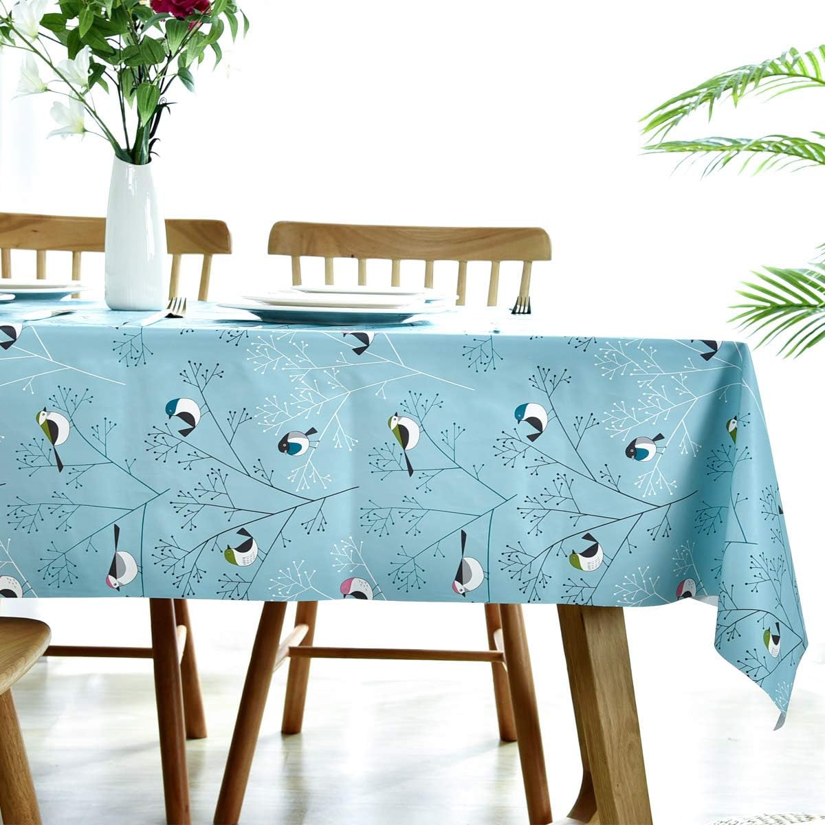 LOHASCASA Rectangular Vinyl Tablecloth Oil Cloth Plastic Peva Wipable Spill-Proof Heavy Duty Tablecloths Dining Teal Bird 54 x 78 Inch - Image 4