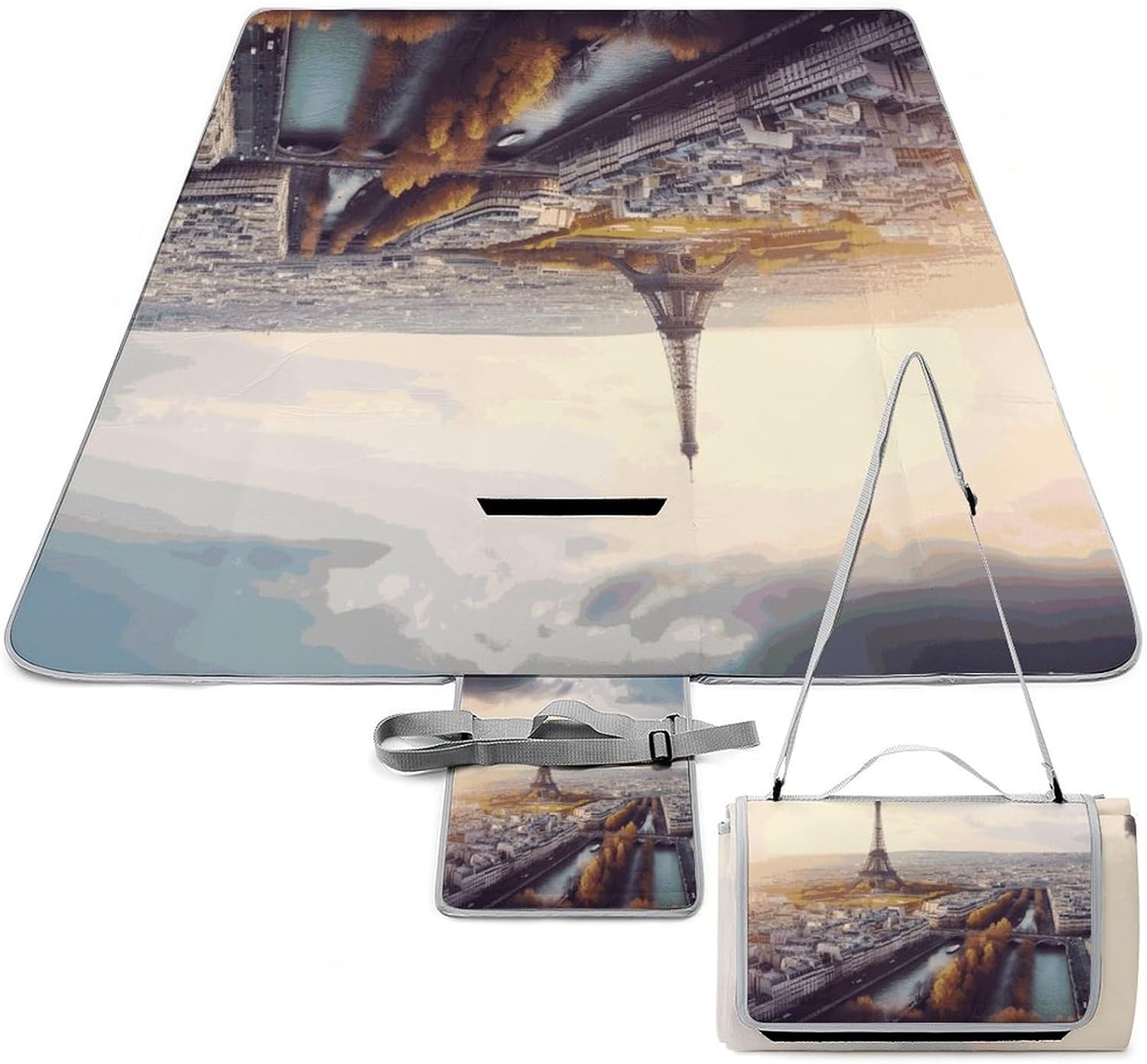 Aerial View of Paris Cityscape Waterproof Picnic Blanket 58.3''x58.3'',Portable and Foldable Picnic Mat with Handle,Outdoor Blankets for Lawn Park Beach Travel