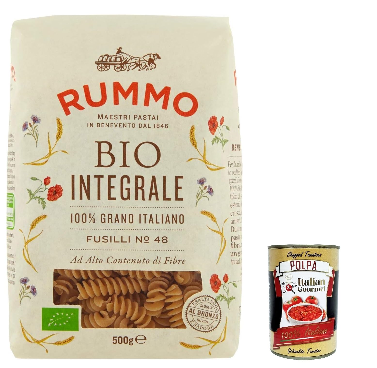 10x Pasta Integrale Fusilli N. 48, Vollkornnudeln Nudeln Vollkorn Italienische Pasta 500g + Italian Gourmet polpa 400g