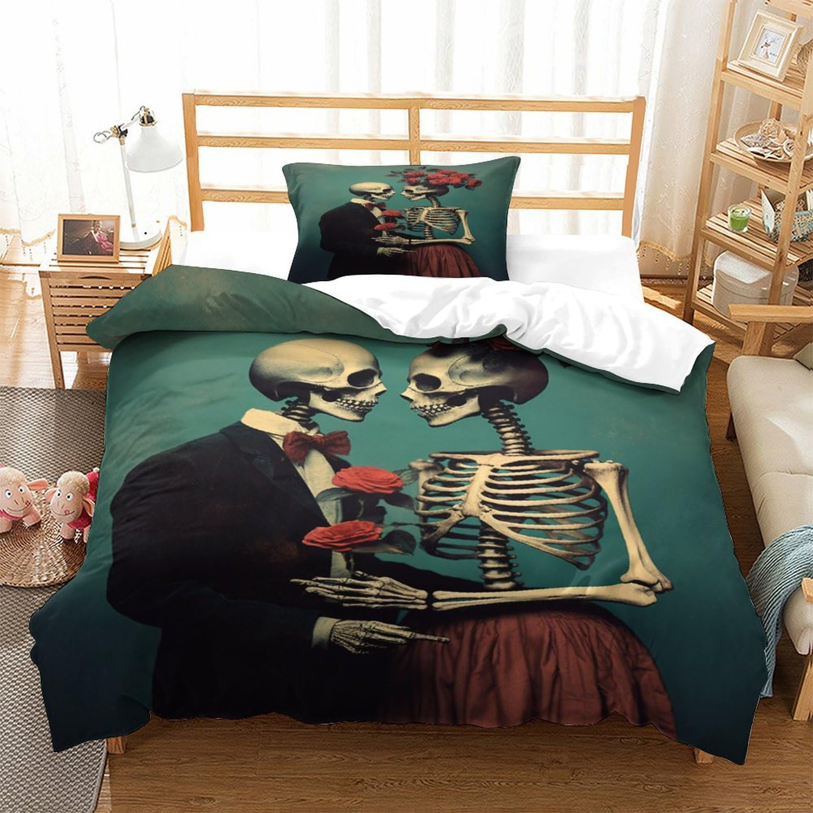 P1S9U7W5Y Vintage Couple Skeleton 3D Printed Duvet Cover Set 3pcs Microfiber Skeleton Bedding Set Single