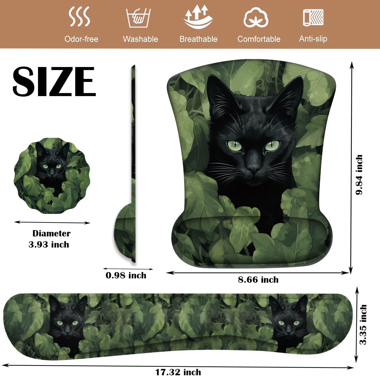 Keyboard Wrist Rest and Mouse Pad Wrist Support with Lace-Shaped Coaster Set, Ergonomic Gel Memory Foam and Anti-Slip Base, Easy Typing and Pain Relief - Black Cat