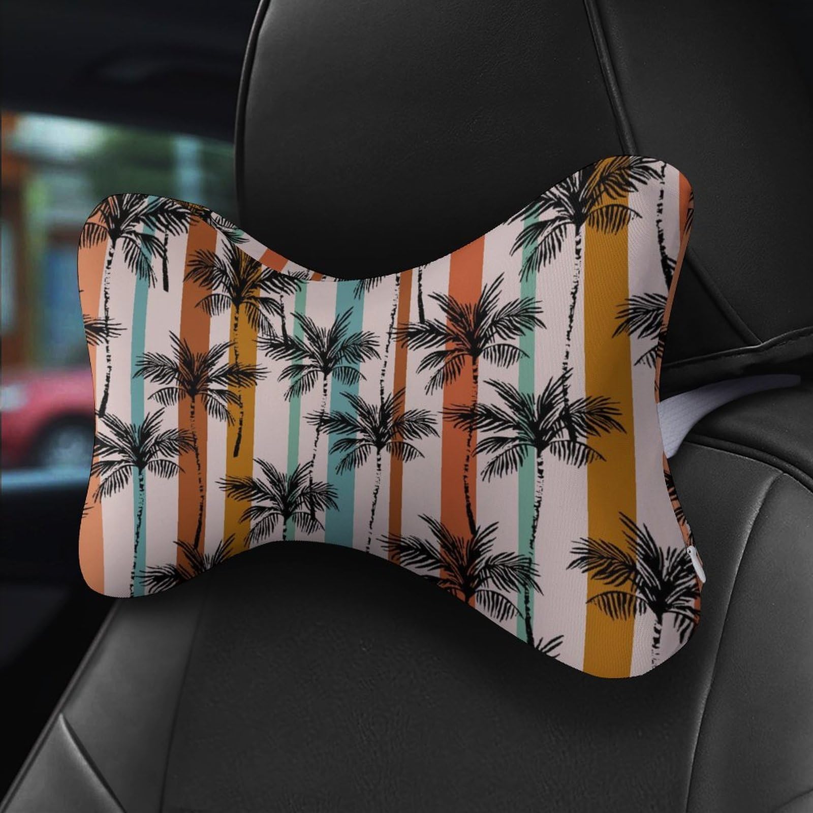 Tropical Palm Trees Striped Car Neck Pillow Set of 2 Car Seat Head Support Cushion Bone Pillows with Elastic Strap