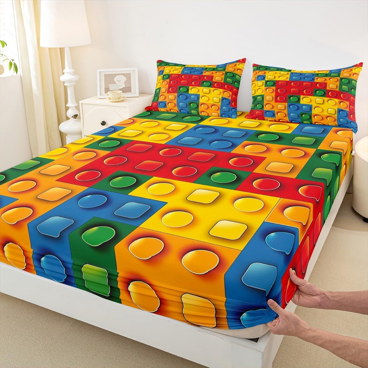 Feelyou Toddler Building Blocks Sheet Set Twin Size Kids Toy Brick Sheets with Deep Pocket Fitted Sheet for Boys Teens Games Bed Sheets Set Breathable Colorful Bed Set Room Decor