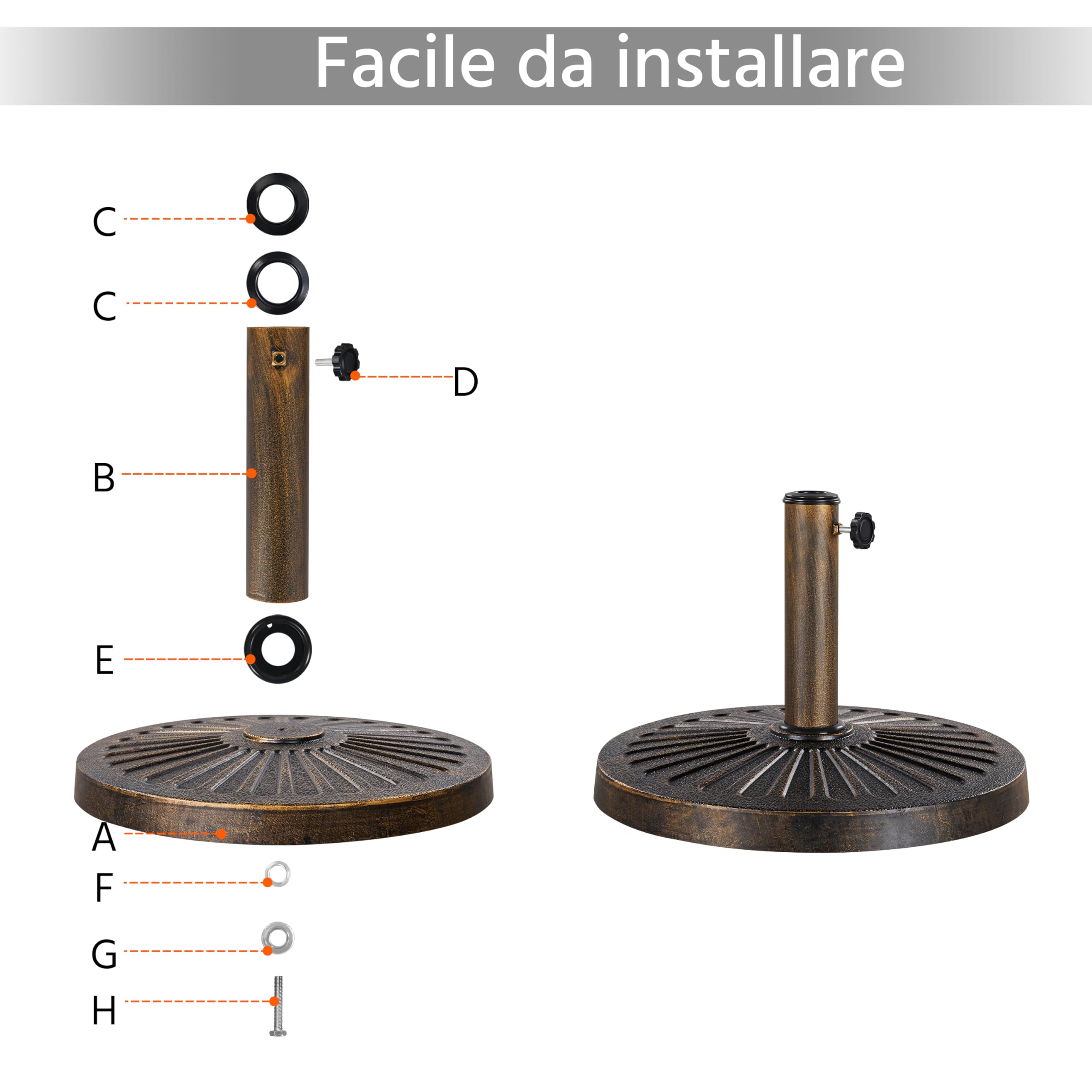 Yaheetech Base per Ombrellone da Giardino in Resina e Metallo Supporto 12 kg per Pali da Ø38mm o Ø48mm con Manopola per Esterno Veranda Terrazza Piscina Spiaggia Patio, Bronzo