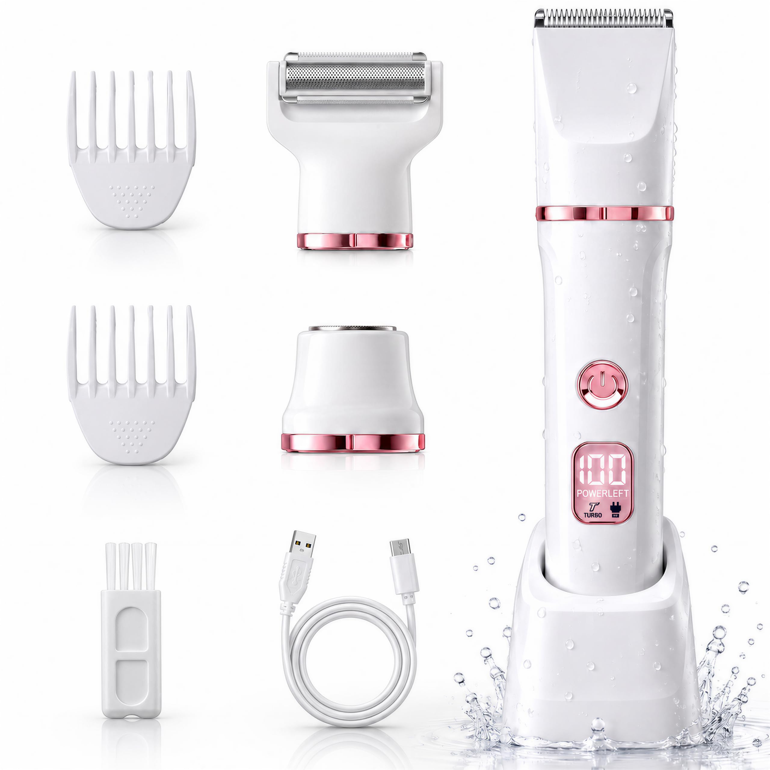 Rasierer Damen, 3-in-1 Intimrasierer für Frauen, Elektrischer Damenrasierer & Gesichtshaarentferner, Nass & Trocken Trimmer für Beine, Bikinizone, Achseln, IPX7 Wasserdicht, Turbo-Modus, Weiß