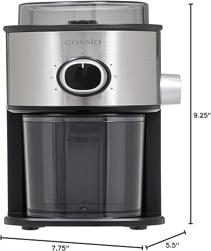 Miniatura 7 de Cassia Molinillo de café eléctrico de acero inoxidable de 150 W, 14 ajustes para molienda de precisión, selector de cantidad ajustable de 2 a 12