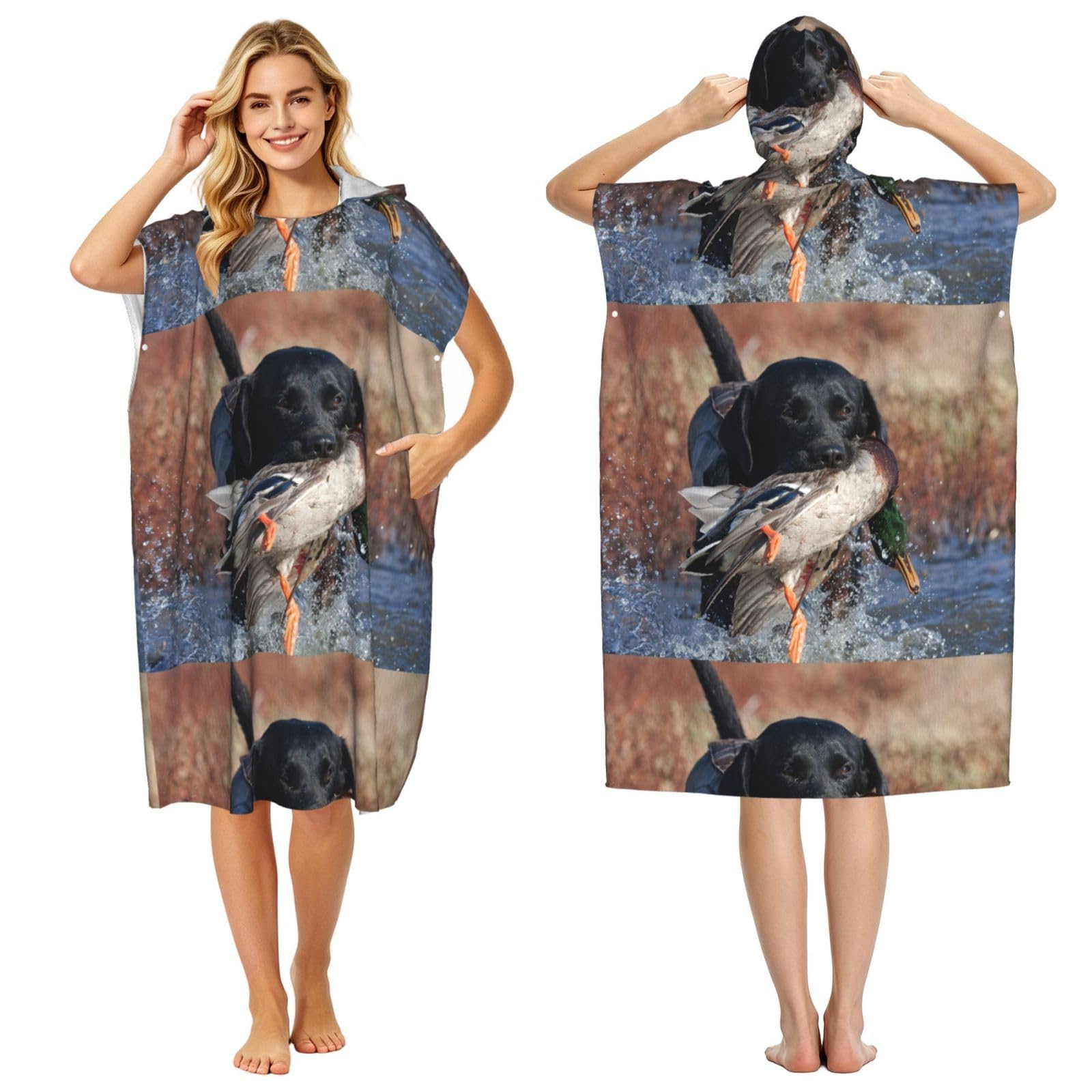 Poadnly Duck Hunting Labrador Dog Cool Black Puppy Animal, Adult Hooded Beach Towel 90 x 110 cm,Changing Bath Robe, Surf Poncho Towel For Women Men