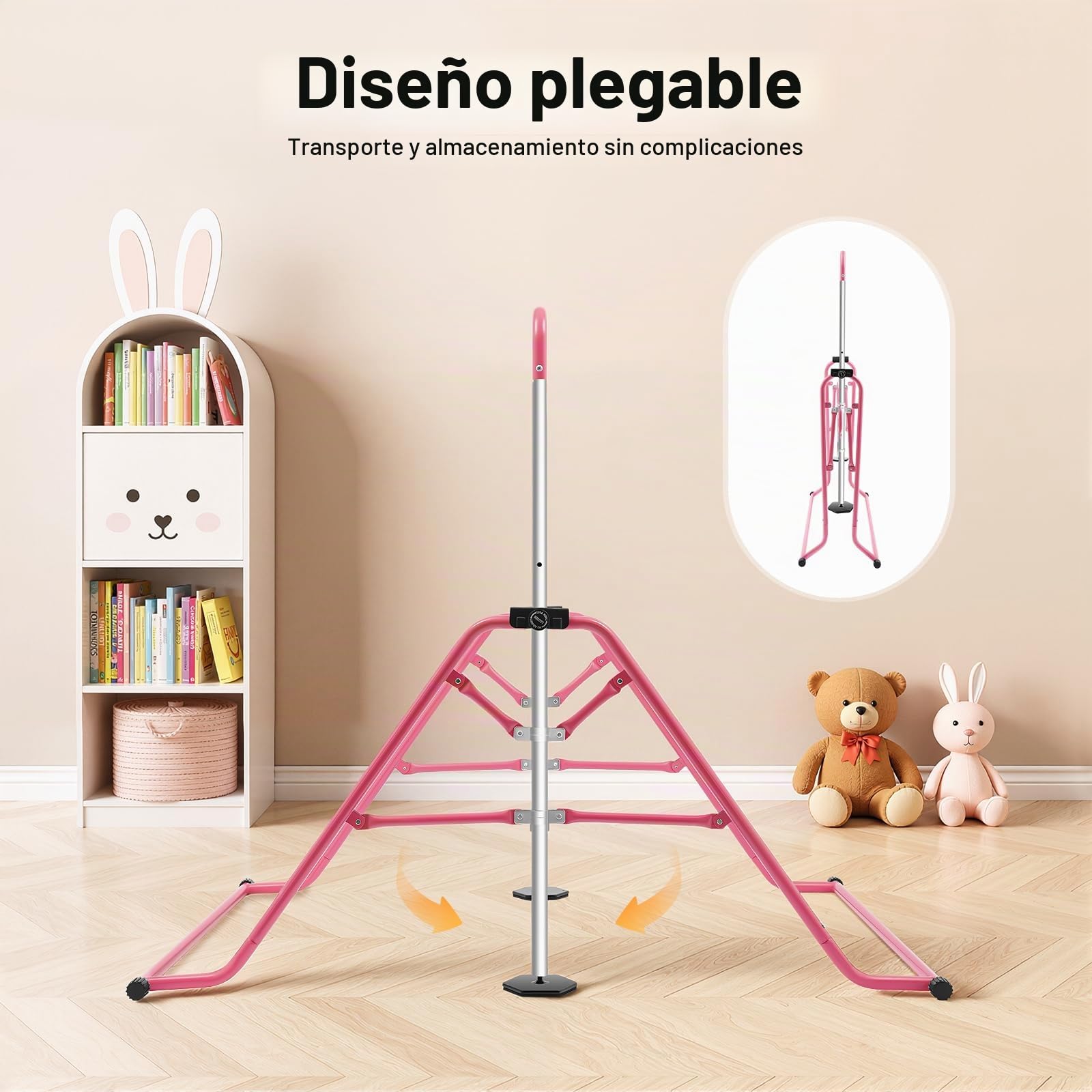 Barra de gimnasia plegable, barra de gimnasia máx. 80 kg, barra horizontal de 115 – 155 cm, altura ajustable, para personas con un peso inferior a 220 libras, rosa