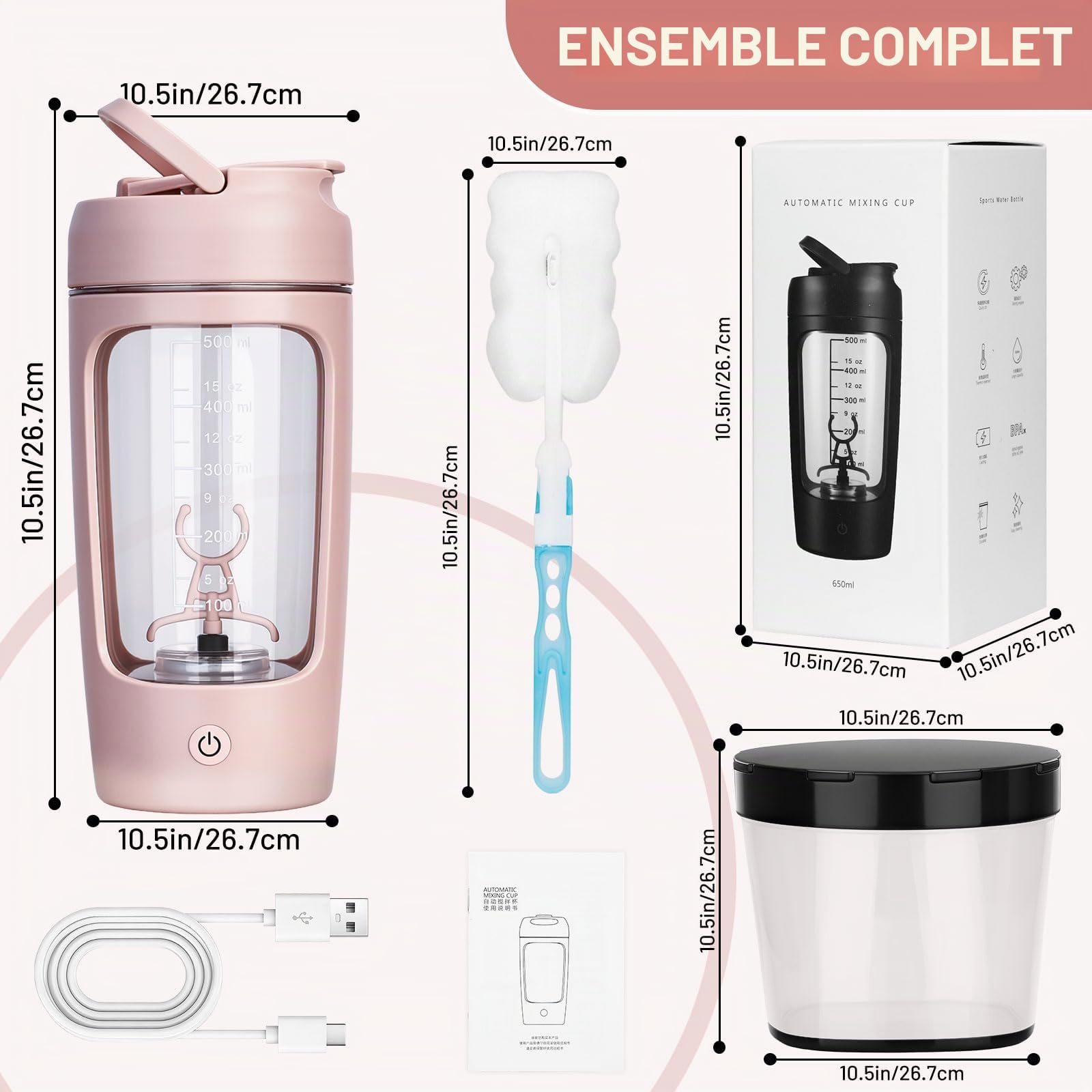Shaker Électrique Rechargeable 650ML,Bouteille shaker de protéines avec Boîte à Poudre et Brosse, Rechargeable USB-C,pour Shakes Protéinés et Milkshakes Crémeux, Sans BPA, Rose