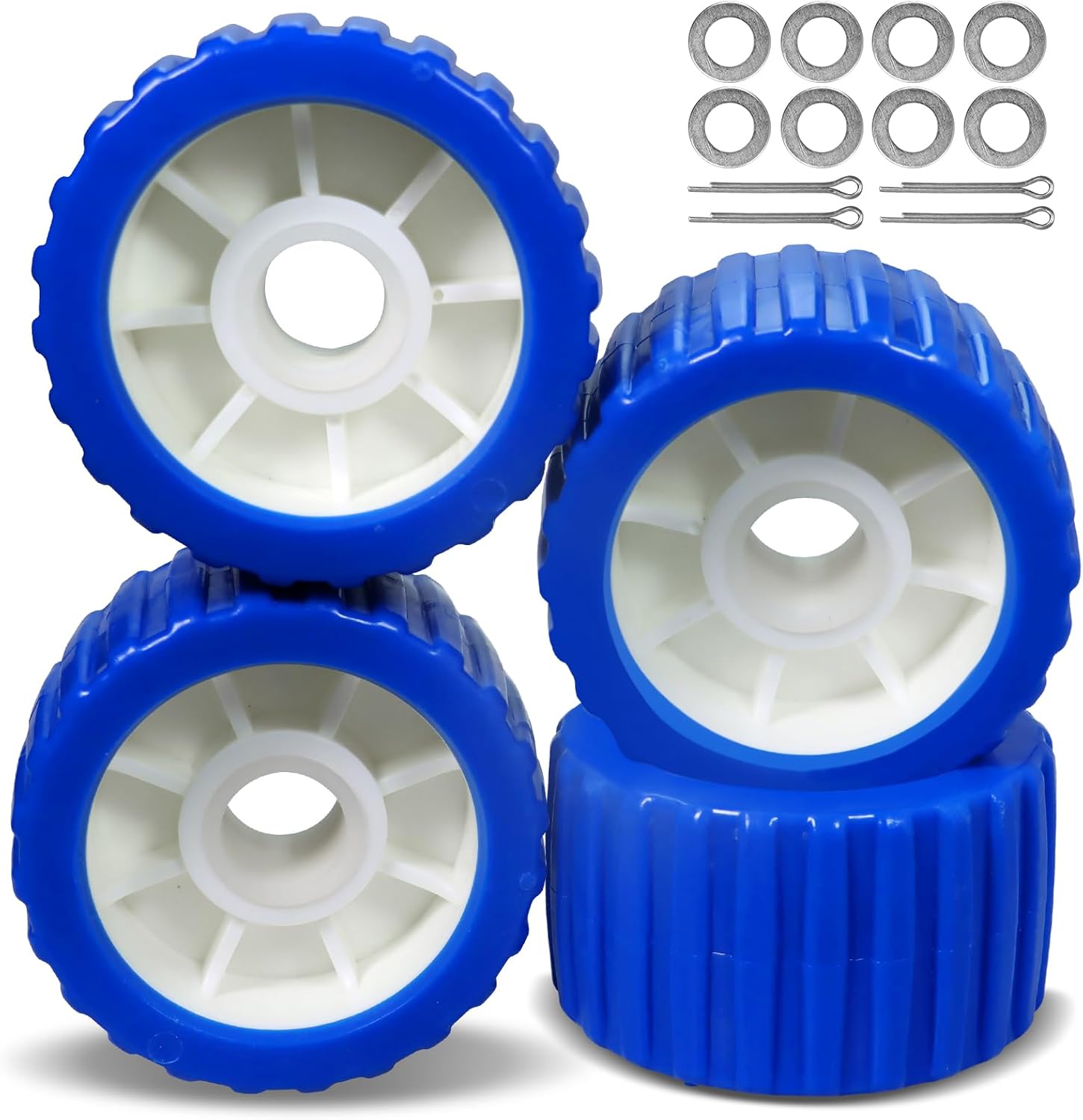 Boat Trailer Rollers PU Ribbed Wobble Roller 5in ODX3in W fit 7/8-9/8" Diameter Shaft with 8 Flat Washers and 4 Cotter Pins