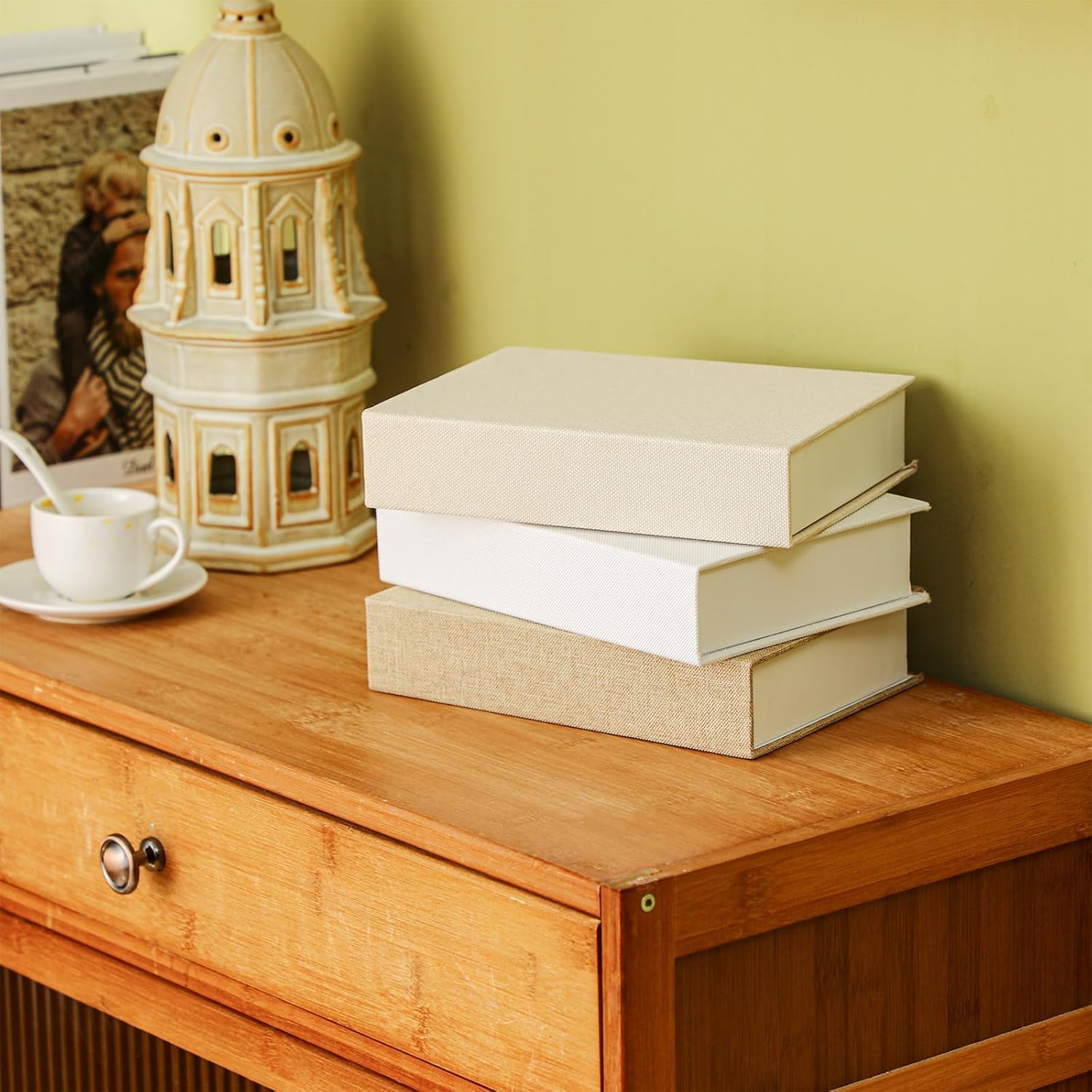 Tioncy 3 Pcs Fake Book Box Neutral Linen Book Box Decorative Faux Prop Storage for Farmhouse Home Decor shelf Table Card Photo DIY Keepsake Gift(8.6 x 6.1 x 1.8 Inch,Multicolor)