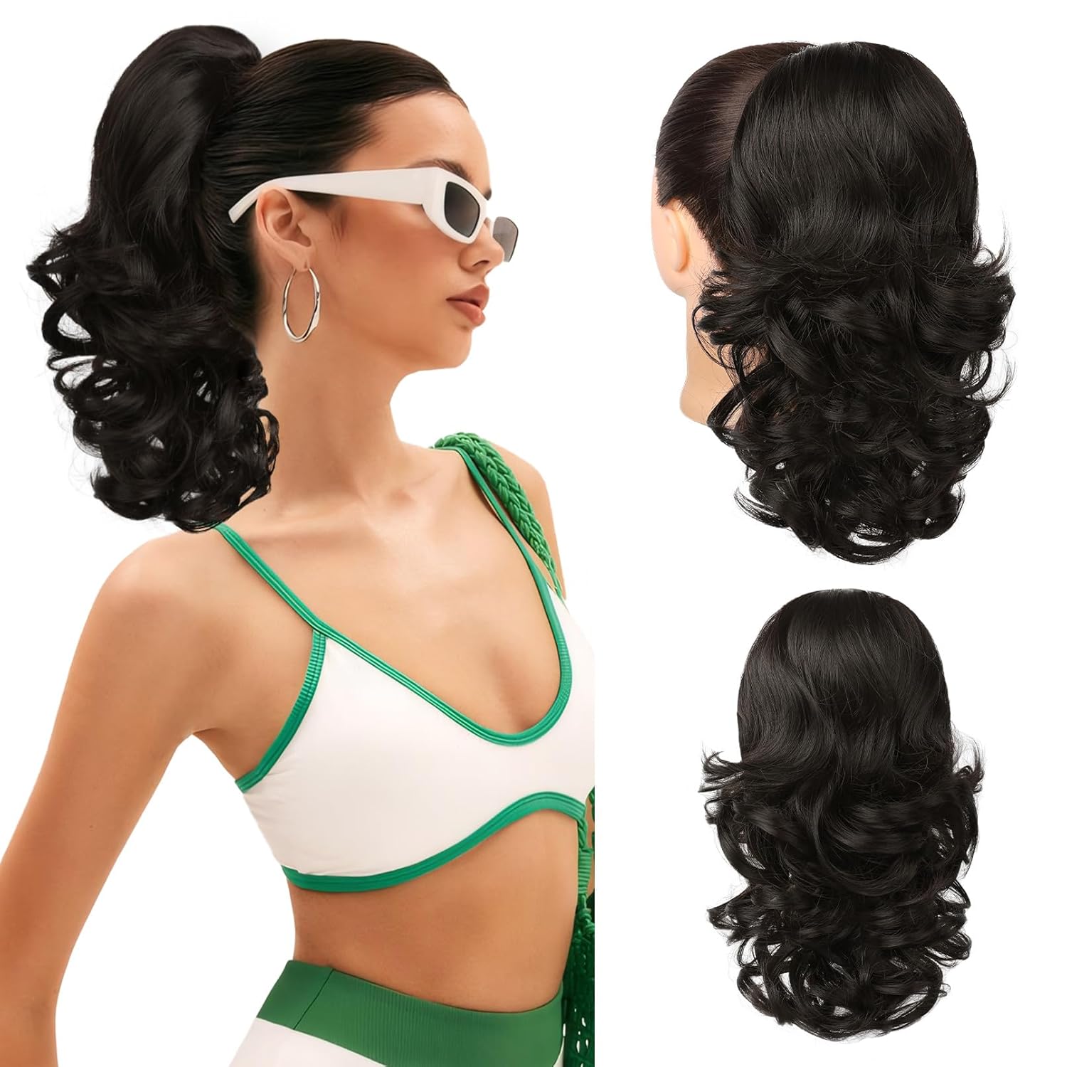 Flufymooz Ponytail Extension, 14 Inch Short Drawstring Ponytail Hair Extension for Women, Soft Synthetic Pony Tails Hairpiece for Women (Black Brown)