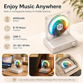 MYDASH Retro Bluetooth CD Player for Home with Speakers, Remote, USB, AUX | Rechargeable Type-C design, visible disc window, FM radio, sleep timer, gift-ready style for bedroom, dorm, and desk setups.