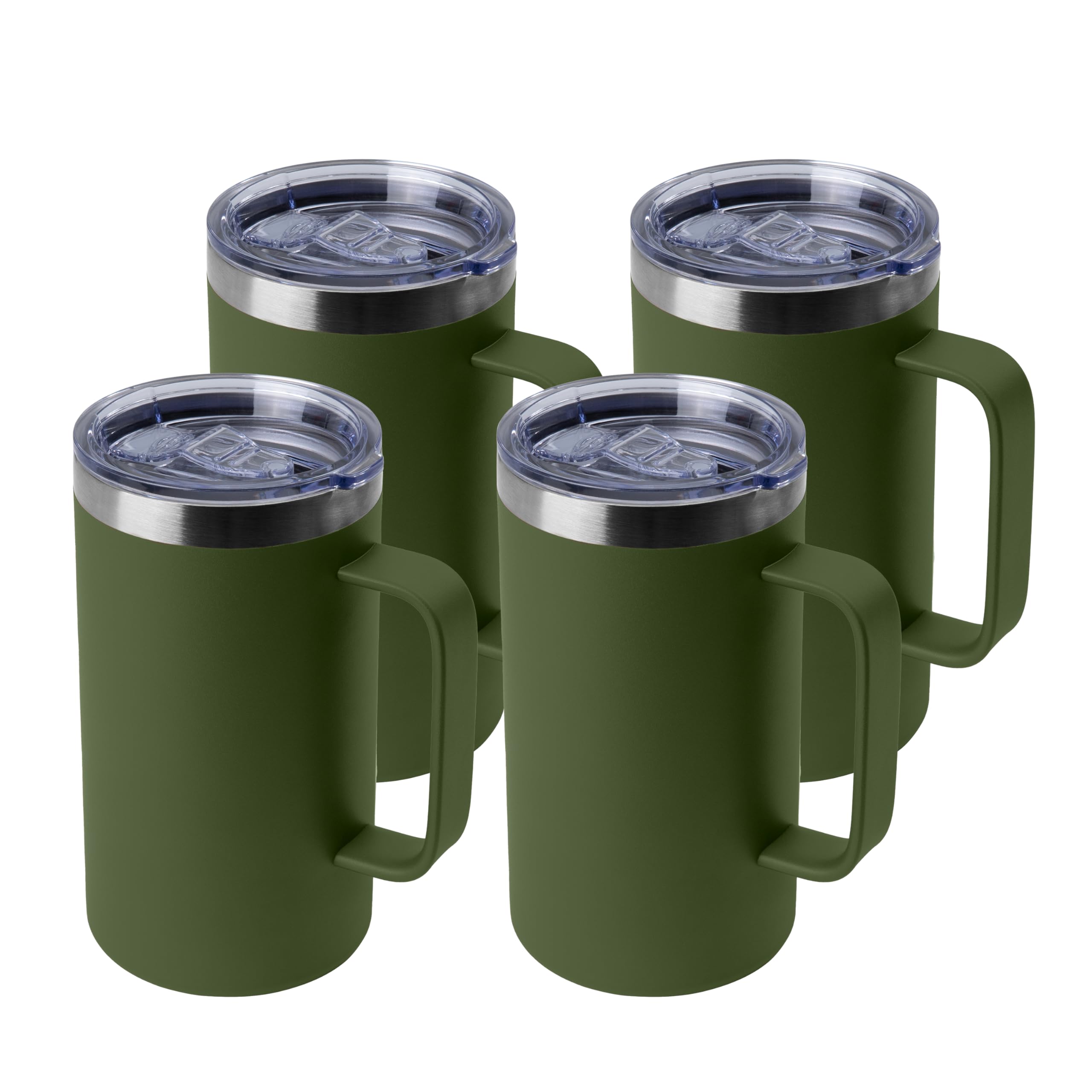DOMICARE Taza de café de acero inoxidable de 24 onzas con asa y tapa, taza de viaje con asa, vaso de café al vacío de doble pared, taza aislada reutilizable, verde militar, paquete de 4