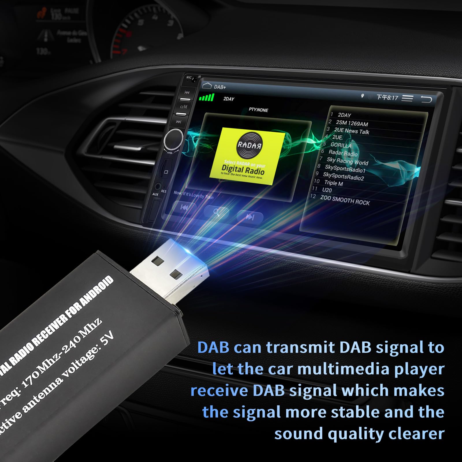 Inefala DAB/DAB+ Antenne per Autoradio 1 Din Stereo 2 Din, Digital Audio Broadcasting per Android Radio con Antenna SMA e USB 2.0