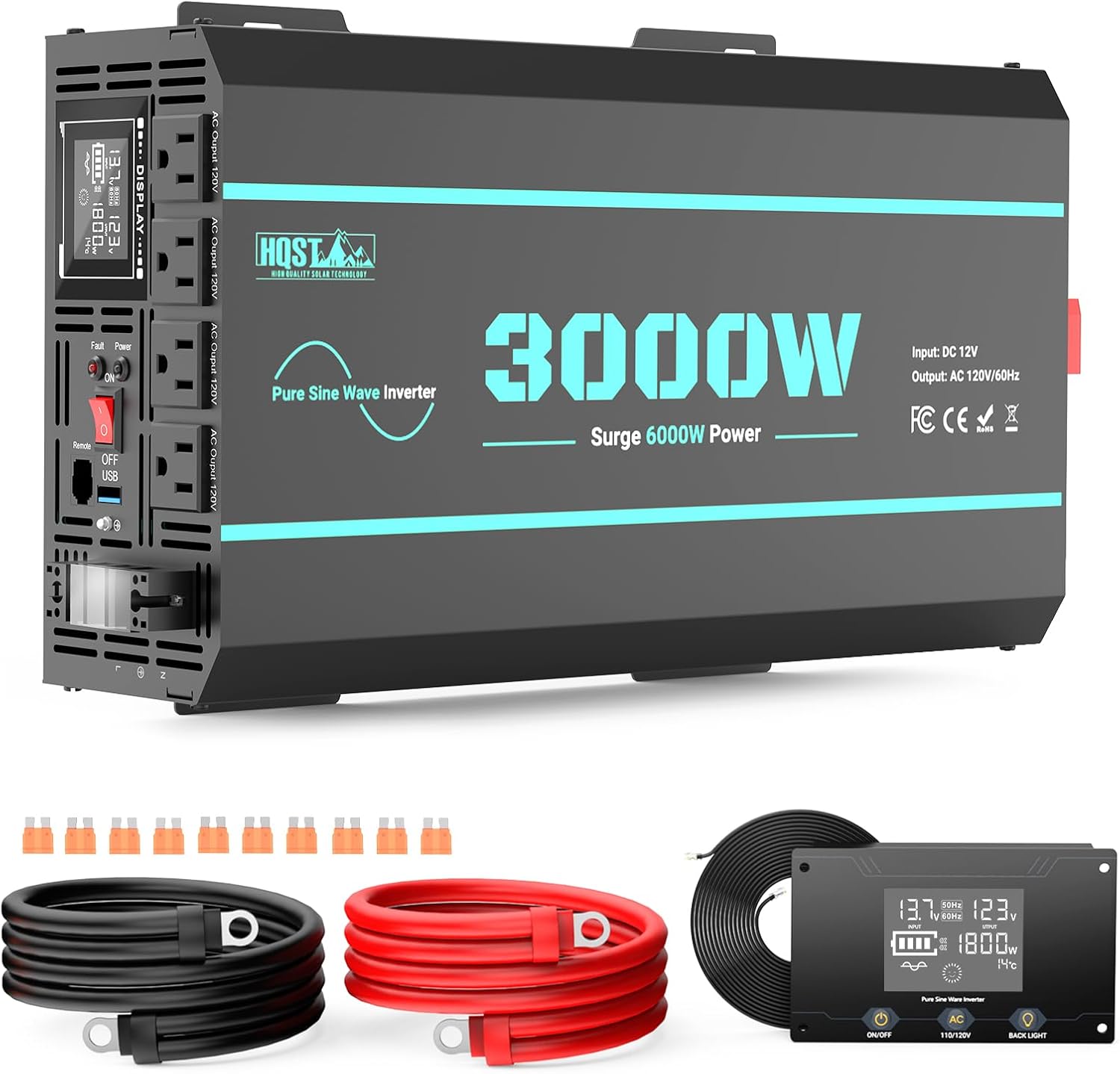 HQST 3000W Pure Sine Wave Inverter 12V DC to 110V AC Converter, w/ 6000W Peak, GFCI Protection, 4X AC Sockets, Hardwire Port, Remote, Solar Power Inverters for Vehicles, Camping, RVs, Home, Off Grid