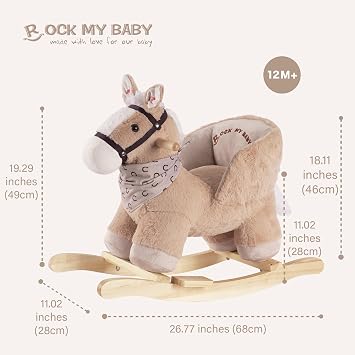 Rock My Baby Rocking Horse with Seat, Plush Ride-On Rocker with Realistic Sound, Wooden Rocking Horse for Toddlers Ages 1-3, Caramel Horse, CPC Certified