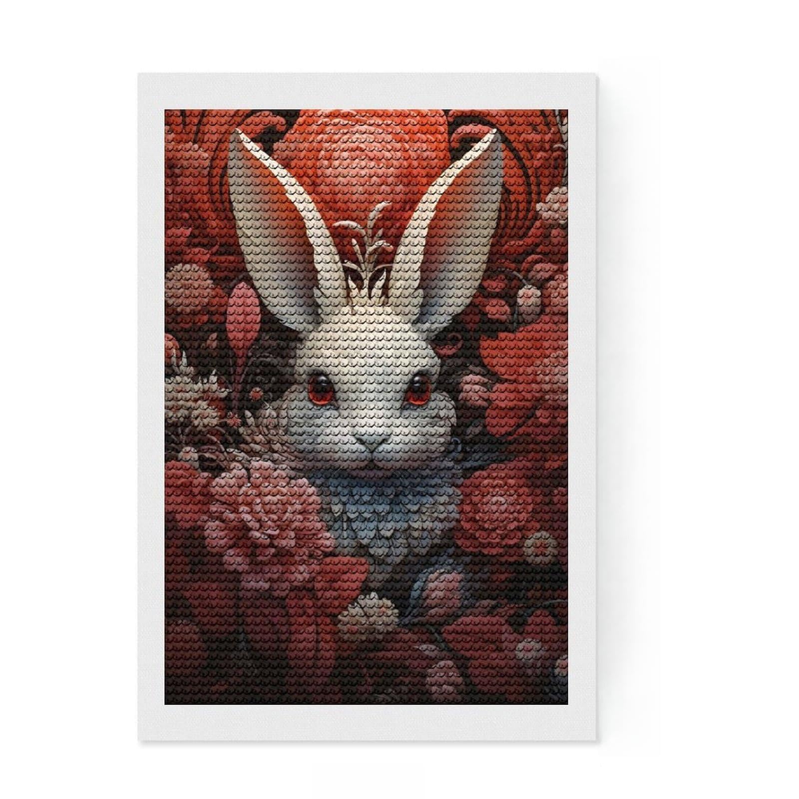 Junmoney Rabbit Red Flowers Diamond Art Kit 8"x12", Neat Printed Canvas, Easy to Follow Symbols, Easy Handmade Project, Living Room Decor