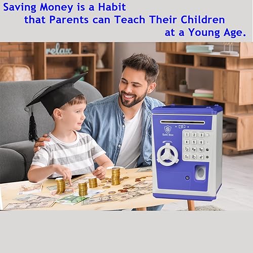 Miniatura 5 de Banco seguro para niños con contraseña de huellas dactilares y cajero automático para hablar, alcancía para dinero real, juguete de regalo para