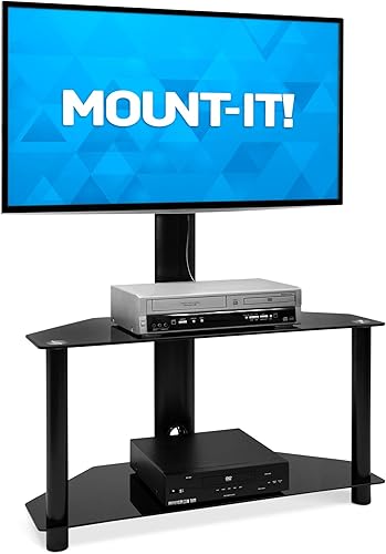 Mount-It! Soporte de TV de suelo con soporte y estantes de vidrio templado para almacenamiento  Centro de entretenimiento con soporte para TV, se