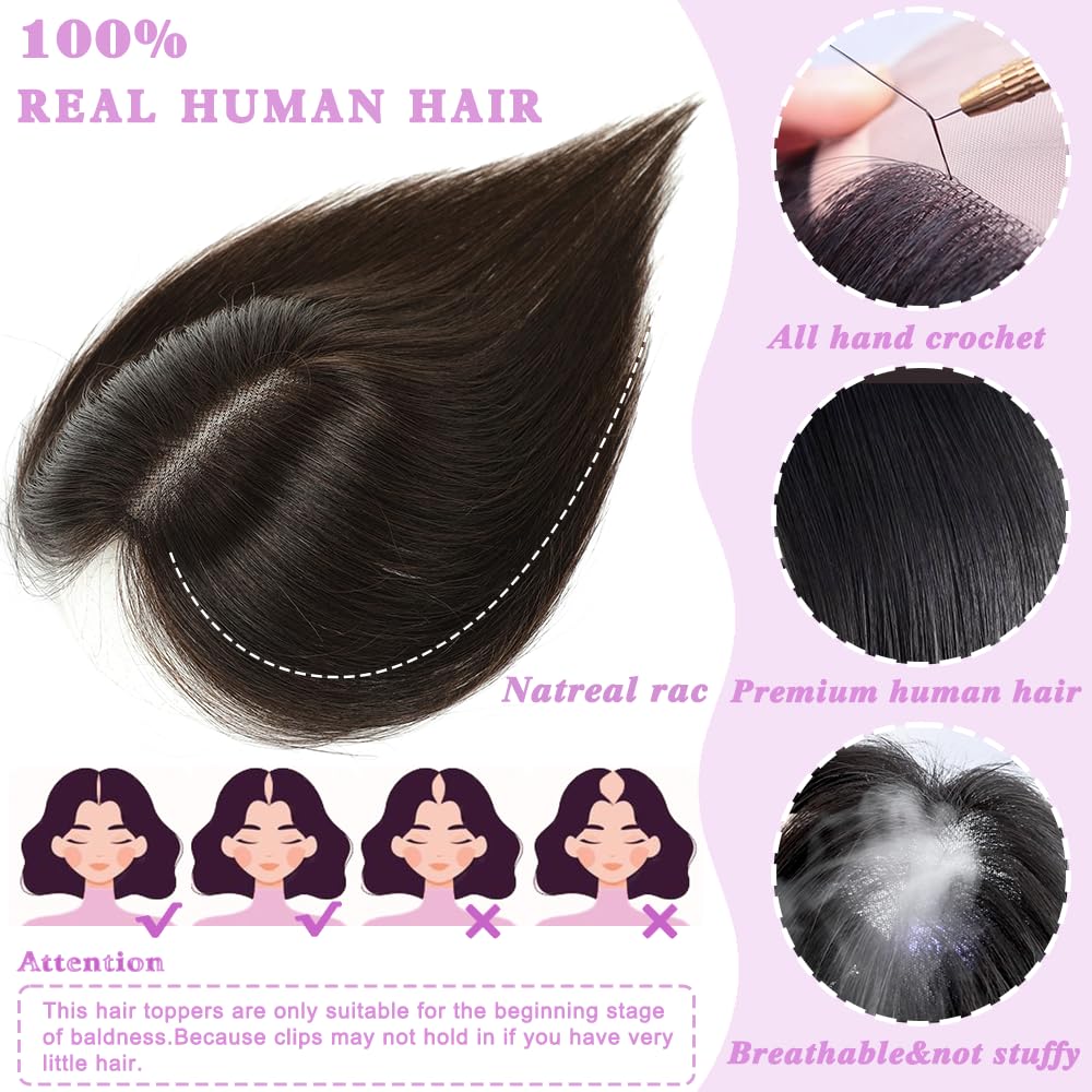 Lagomance 100% Real Human Hair Topper for Women Human Hair Pieces for Women 10 inch Dark Brown Hair Hoppers Swiss Base Hairpieces for Thinning Hair#2 - Image 4