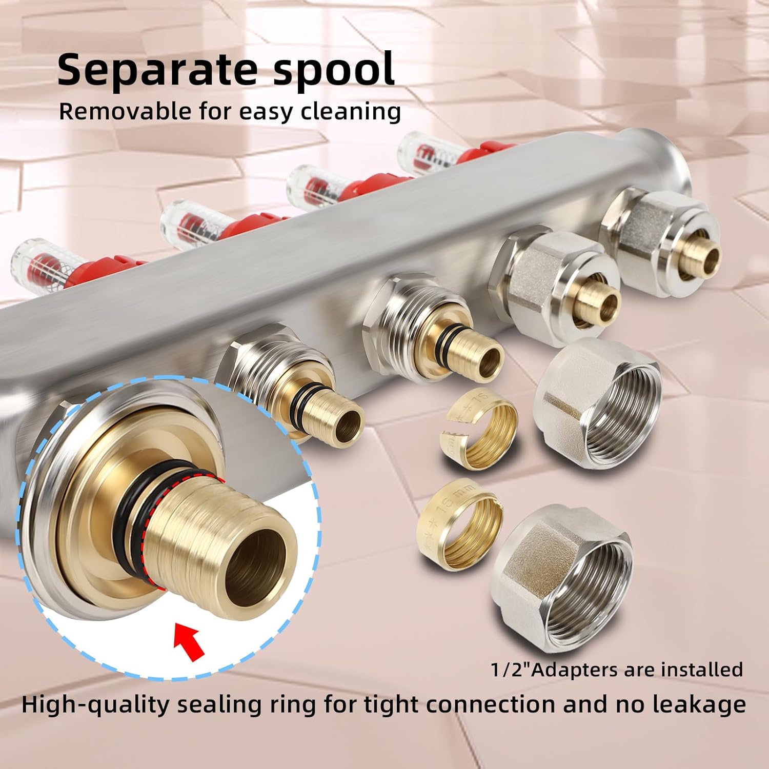 FAHKNS 12-Branch Radiant Heat Manifold,Stainless Steel PEX Manifold for Hydronic Radiant Floor Heating (1/2" Adapters included) Radiant Heat Pex Manifold Set