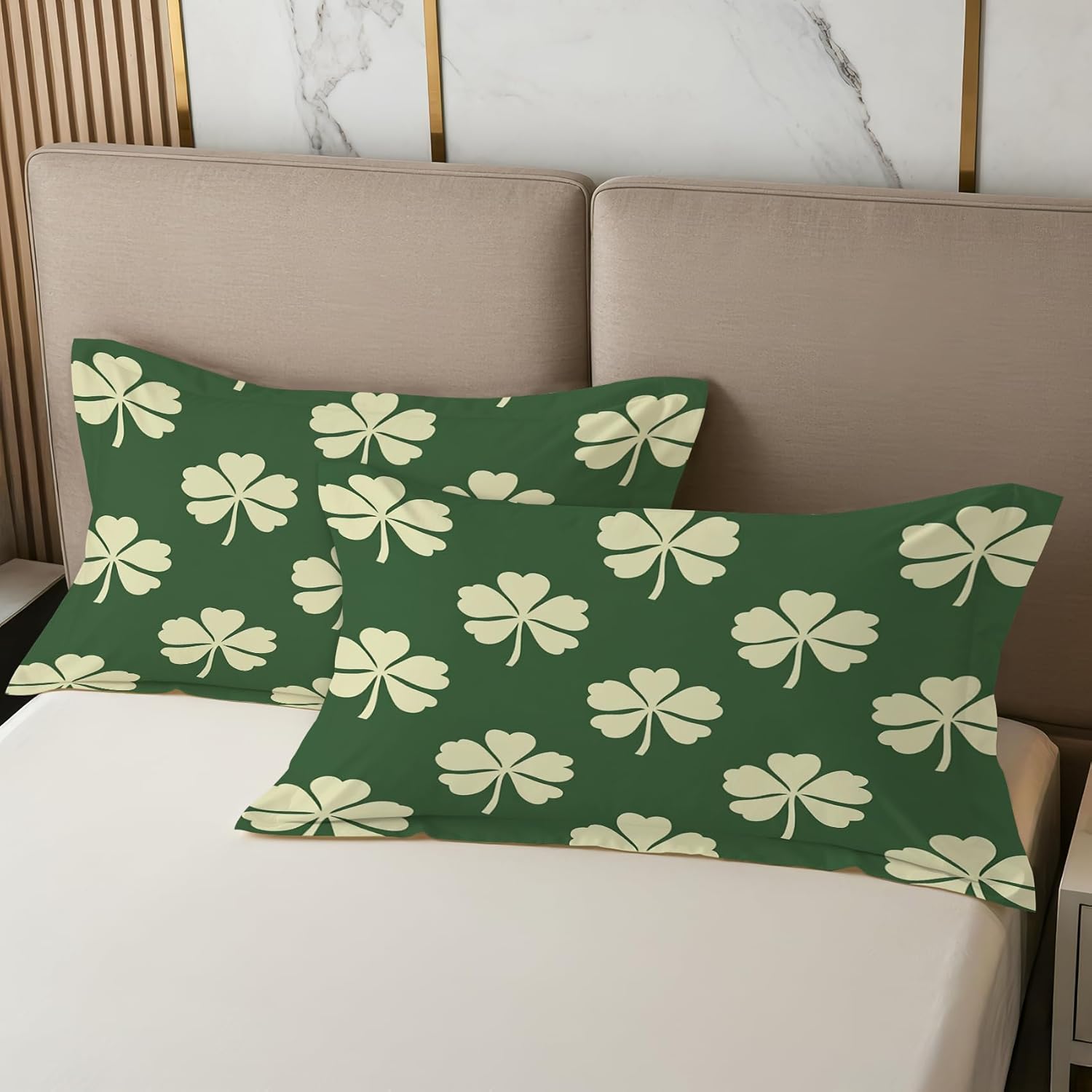 Clover Pillow Cases Standard Size Set of 2 - Lucky Shamrock Pillowcases with Envelope Closure, St. Patrick's Day Decorative Pillow Covers for Bed Couch, Soft Breathable Microfiber