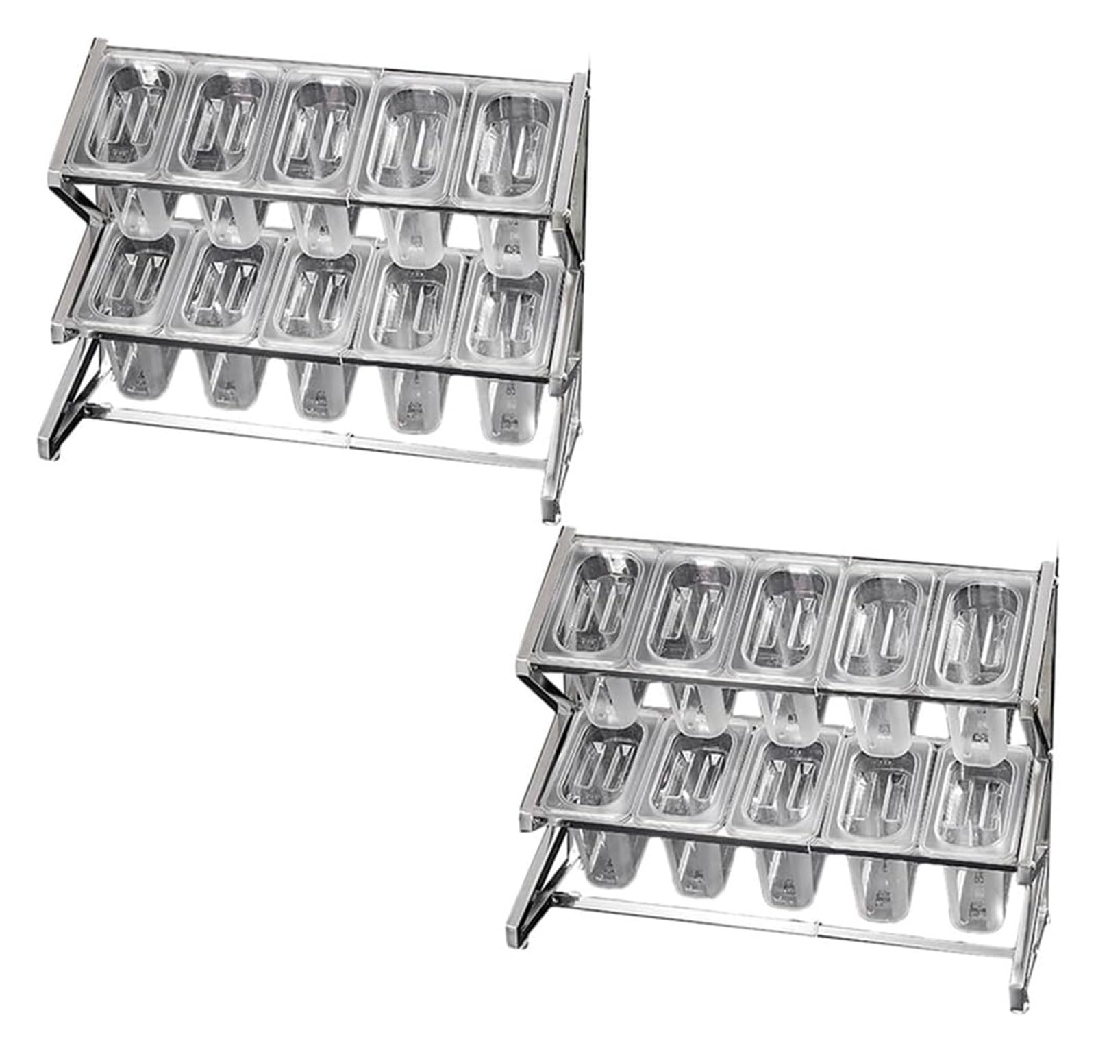 Stacja do polewania pizzy, puszki na przyprawy, 2-rzędowy przezroczysty stojący organizer na blat do przechowywania przypraw z zestawem pokrywek łyżek (srebrny) 60 x 20 x 40 cm