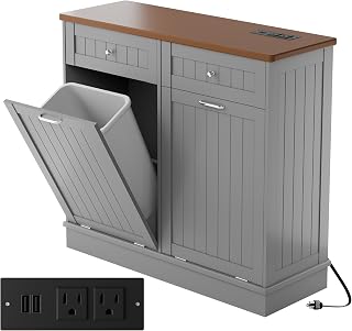 Betterhood Double Tilt Out Trash Cabinet with Power Outlet, 10 Gallon Trash Cabinet with Storage,Pet Proof Trash Can with 2 AC & USB Sockets for Kitchen,Living Room (Grey, Double Door)