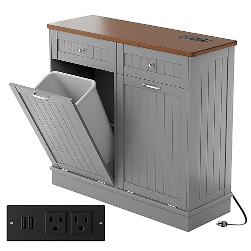 Miniatura 9 de Betterhood - Armario de basura de doble inclinación con toma de corriente, gabinete de basura de 10 galones con almacenamiento, bote de basura a