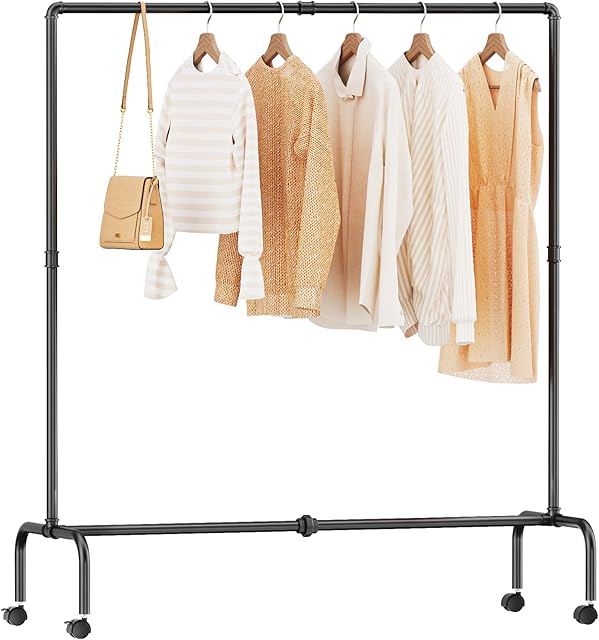 FANHAO Clothes Rack with Wheels, Heavy Duty Industrial Pipe Garment Rack, Rolling Clothing Rack for Hanging Clothes, 250 lb Load Capacity, 2 Brakes, Matte Black