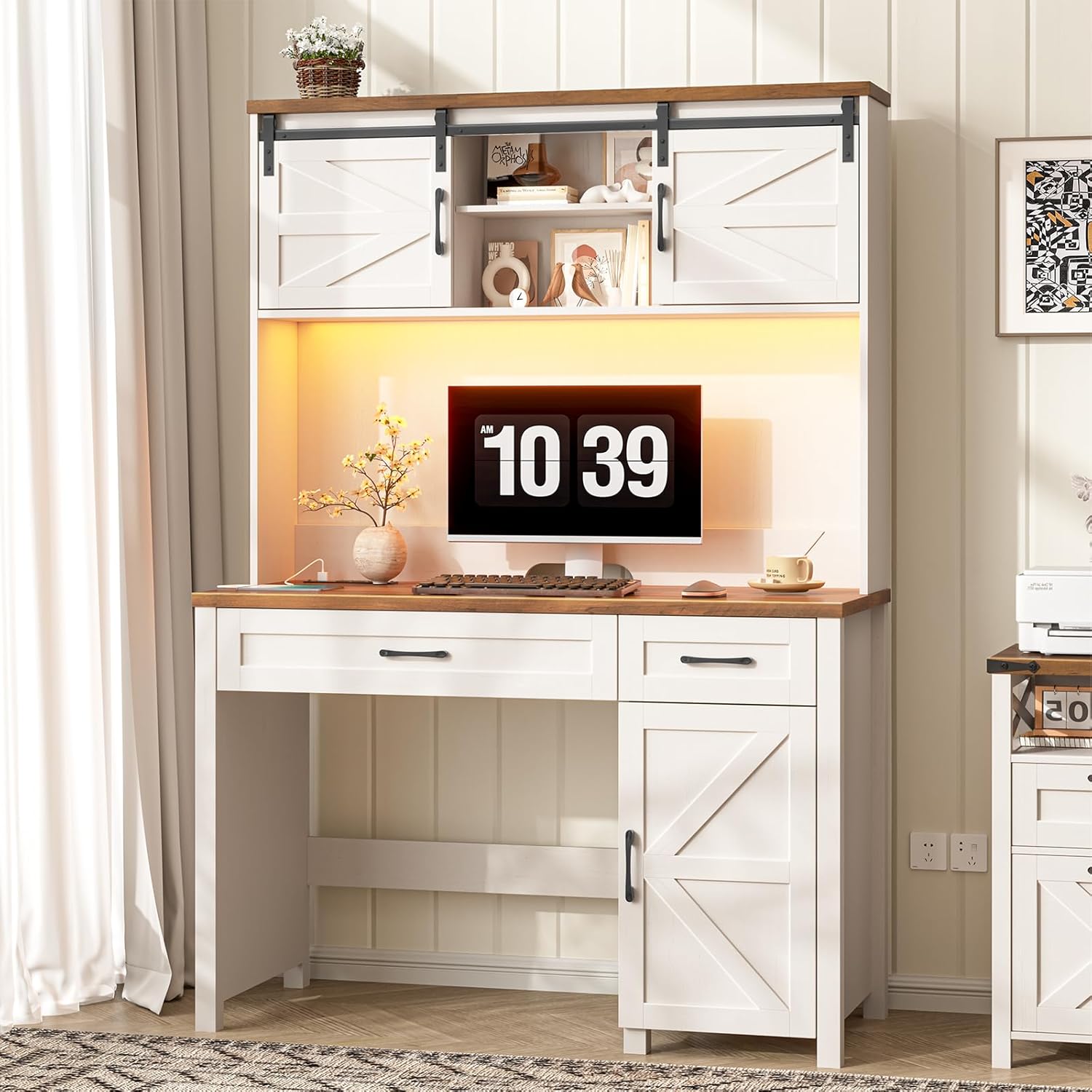 Vabches Farmhouse 47" Executive Desk, Computer Desk with 2 Drawers and Storage Cabinet, Home Office Desk with Hutch, Charging Hub, Workspace for Work and Study,Pure Black