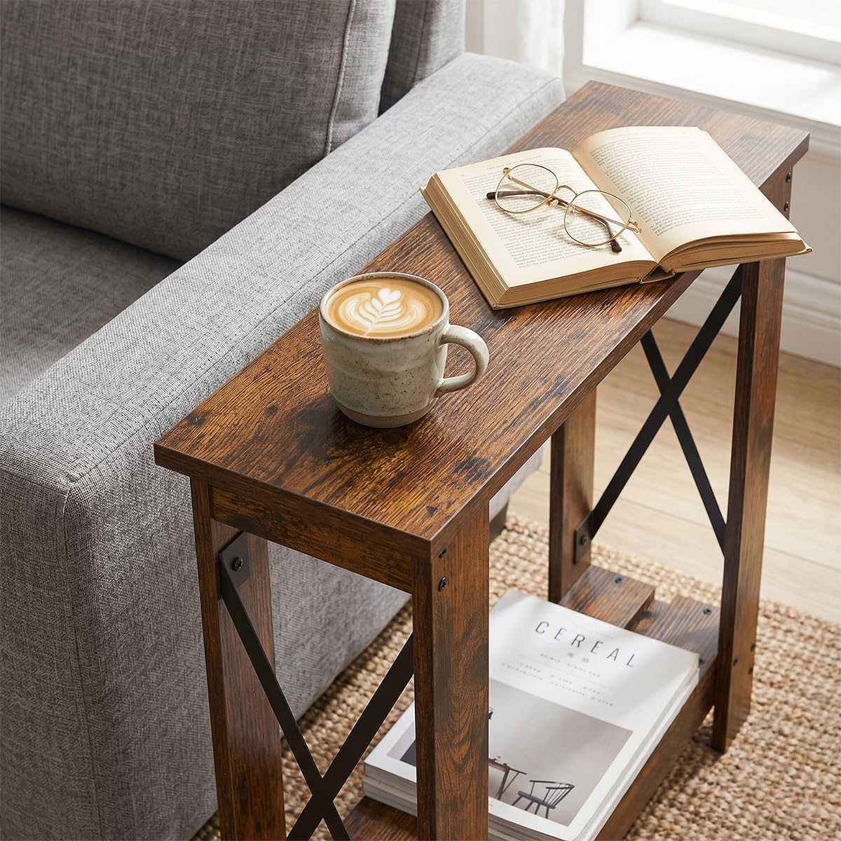 Slim Side Table, 6.6 Inch Ultra Narrow End Table, Rustic Brown | 2 Tier Storage, X-Frame, Small Accent Table for Small Spaces, Gap Solution for Couch, Sofa and Living Room